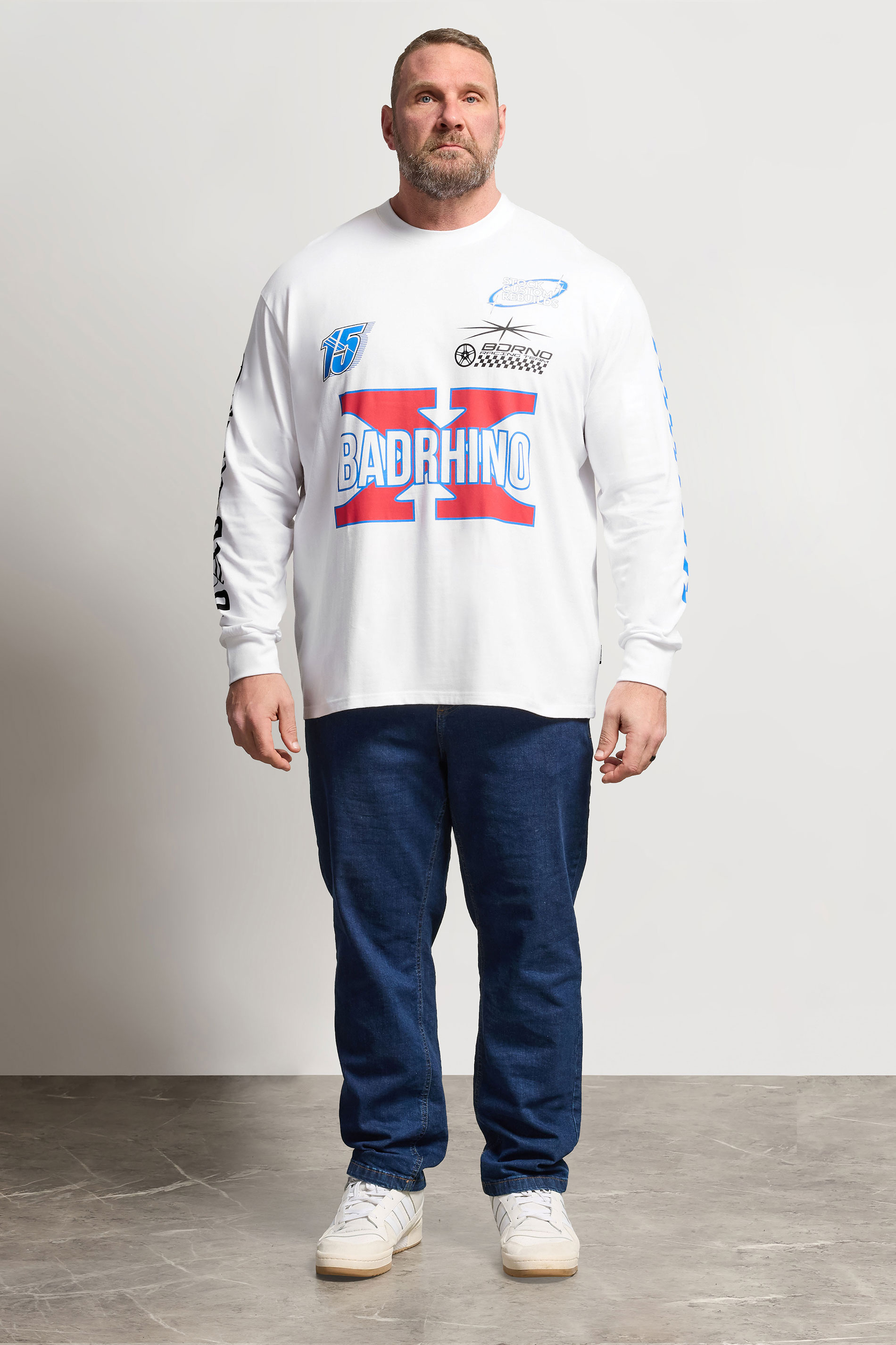 BadRhino Big & Tall White Long Sleeve Racing Graphic T-shirt | BadRhino 1