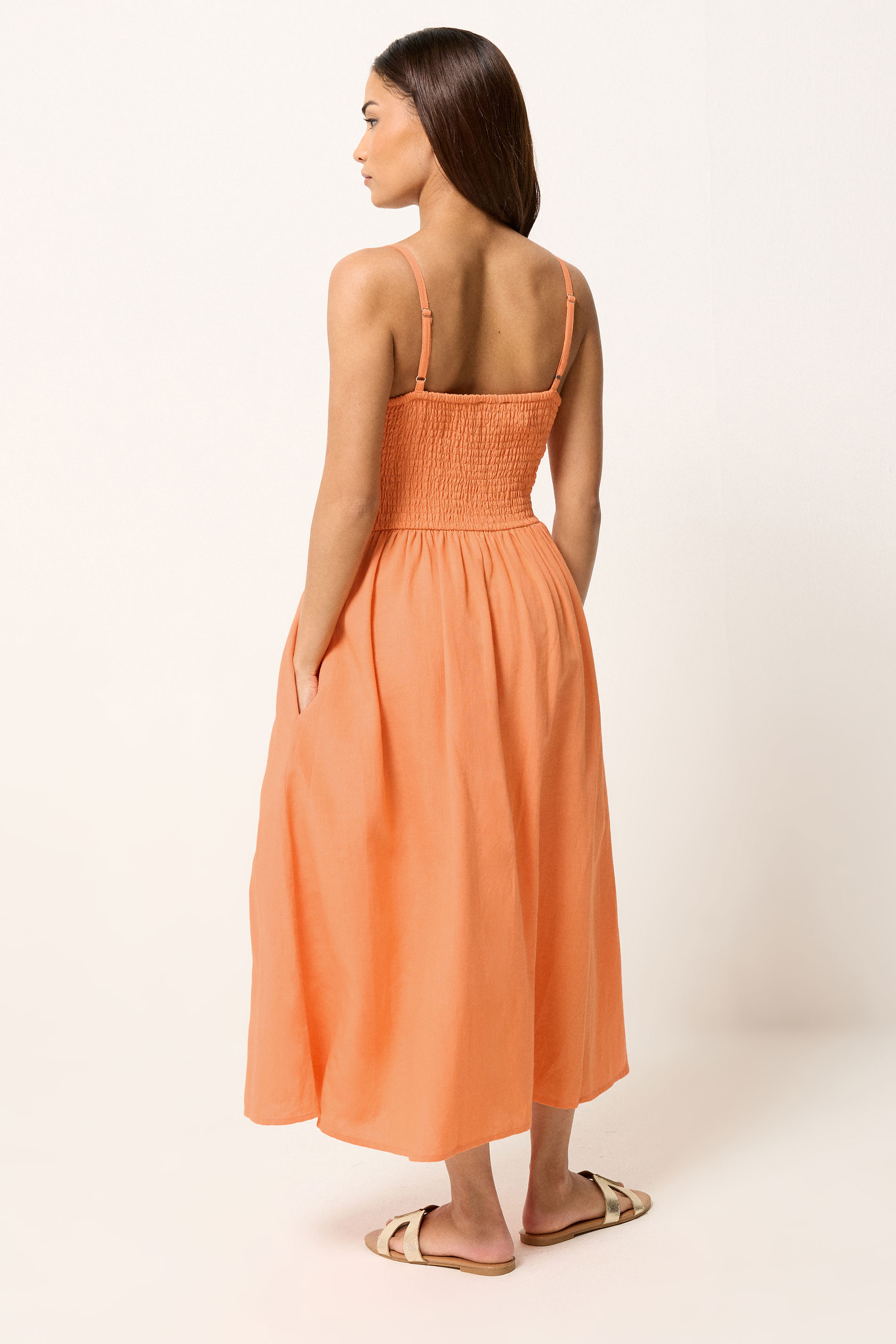 PixieGirl Petite Women's Orange Linen Strappy Midi Dress | PixieGirl 4