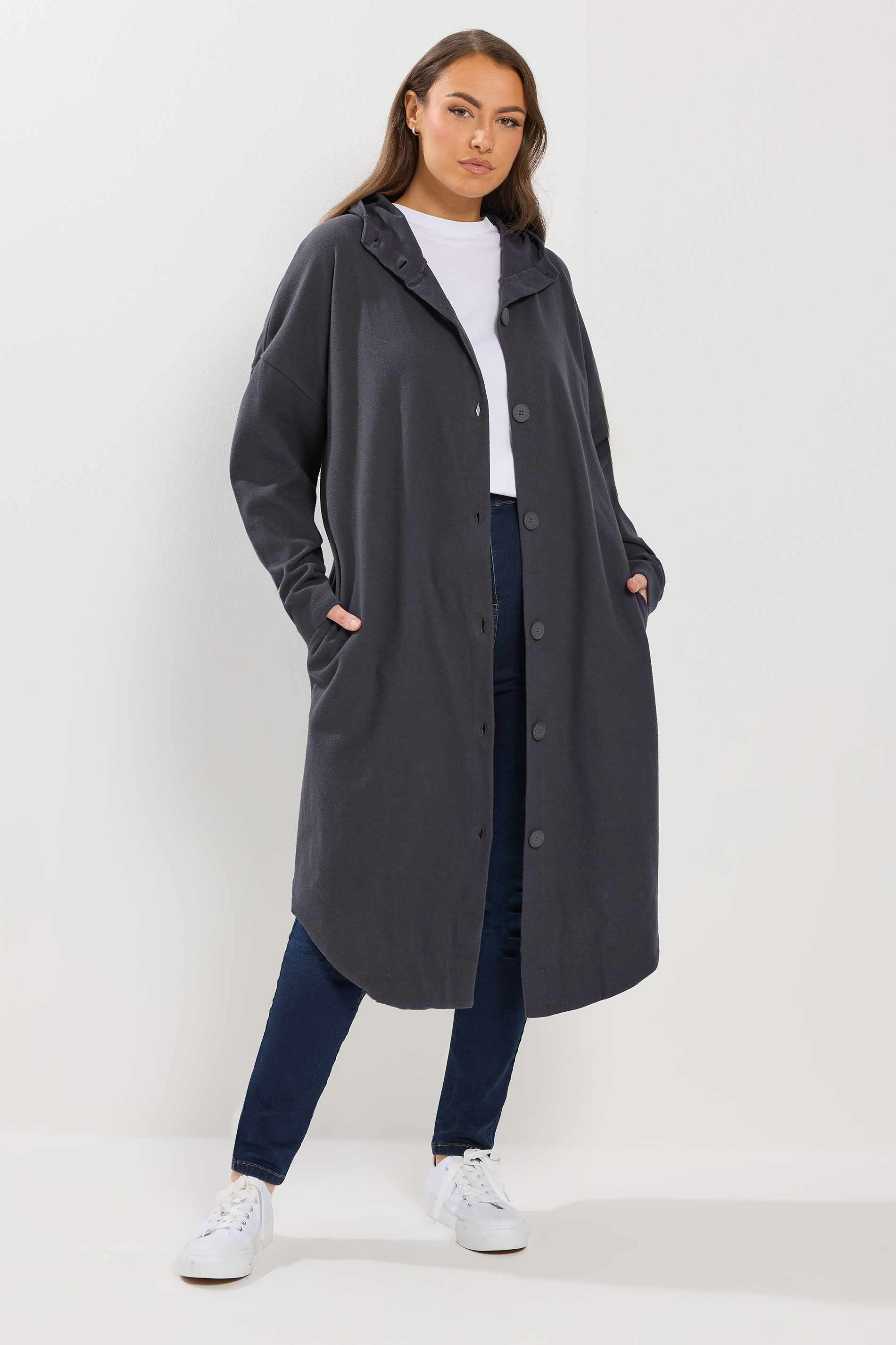 YOURS Plus Size Charcoal Grey Button Through Hooded Jacket | Yours Clothing 3