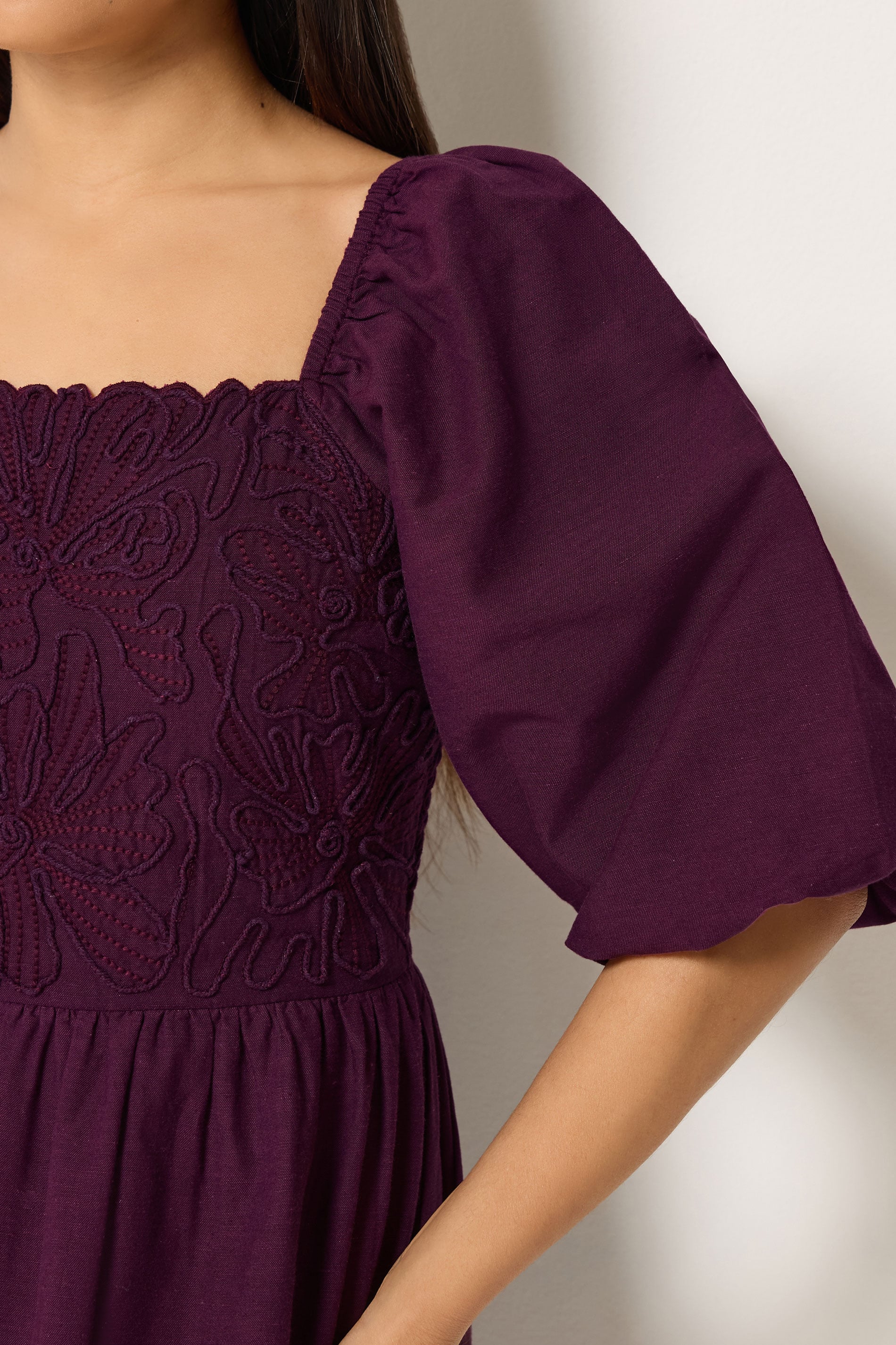 M&Co Petite Berry Purple Short Sleeve Embroidered Trim Maxi Dress | M&Co 4