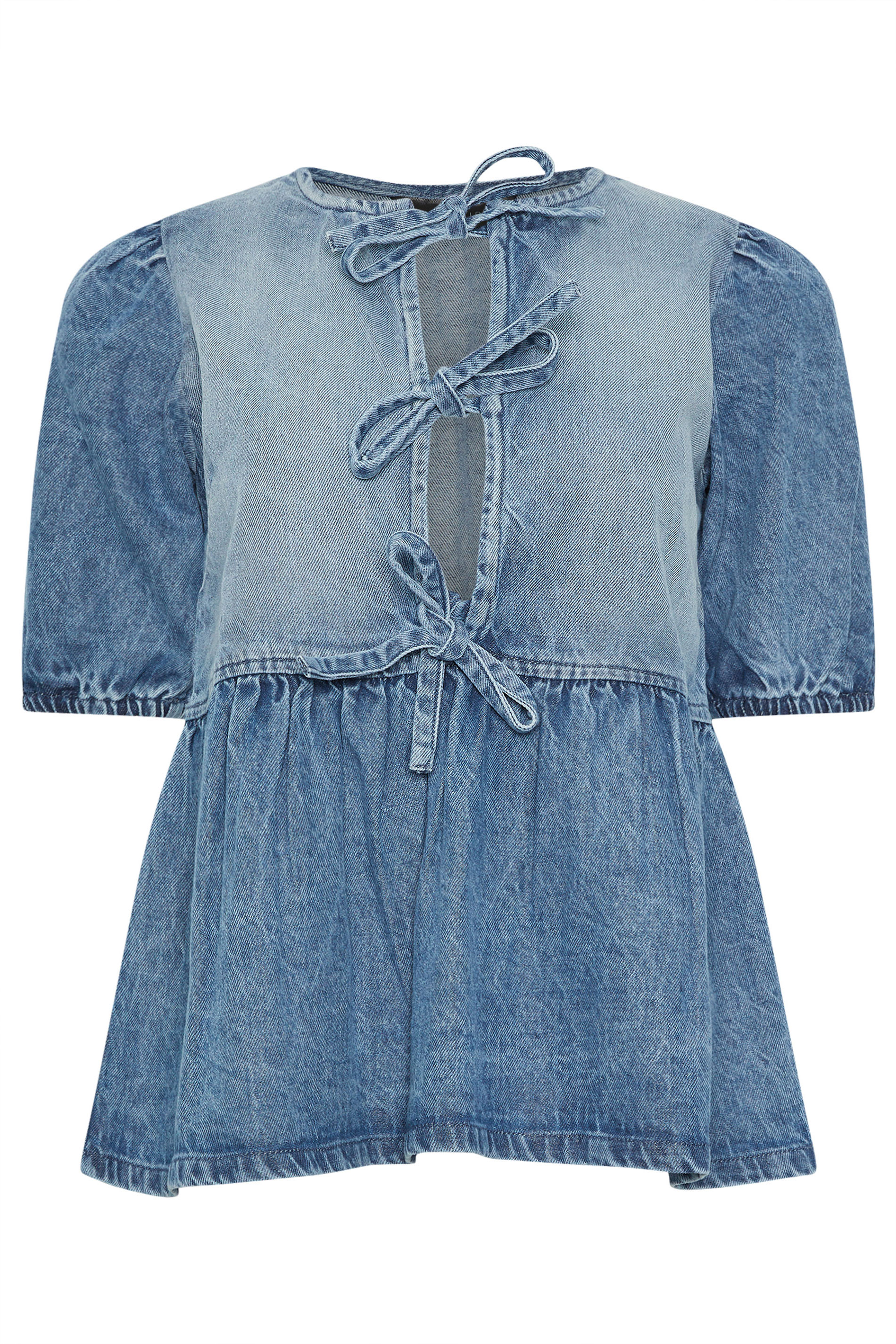 PixieGirl Petite Women's Blue Denim Tie Front Peplum Top | PixieGirl 5