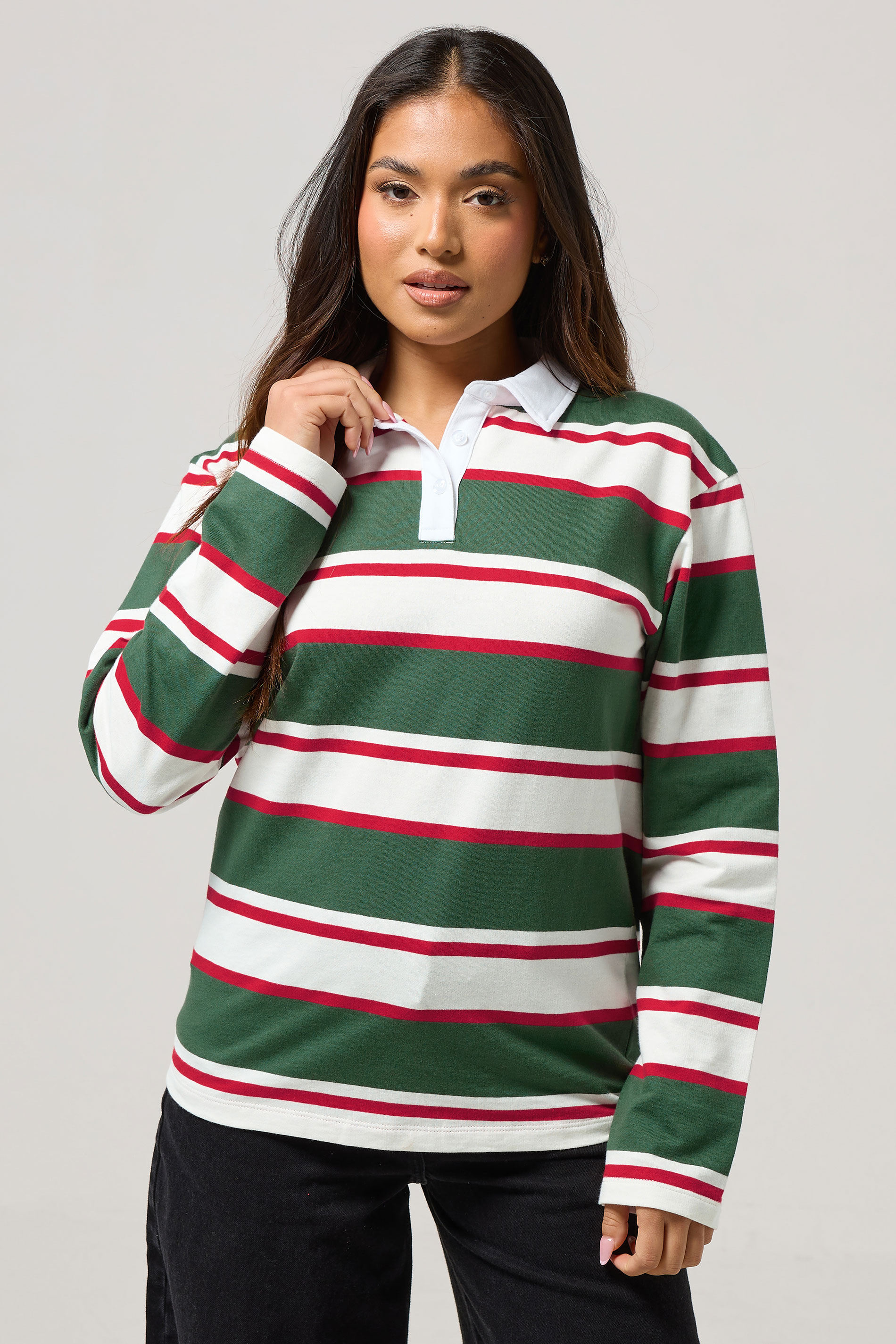 PixieGirl Petite Women's Green & Red Striped Cotton Rugby T-Shirt | PixieGirl 3