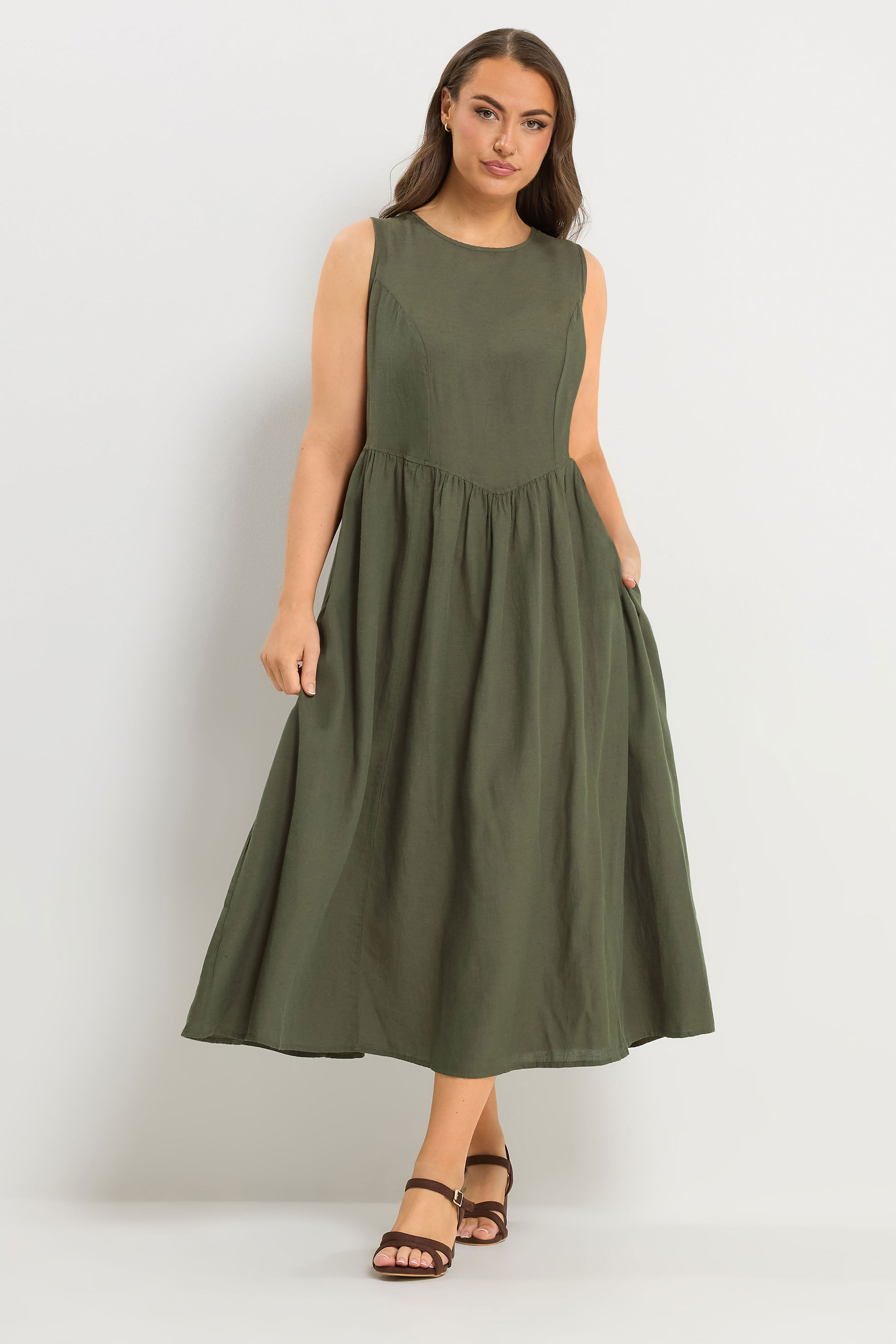 YOURS Plus Size Khaki Green Sleeveless Linen Midi Dress | Yours Clothing 1