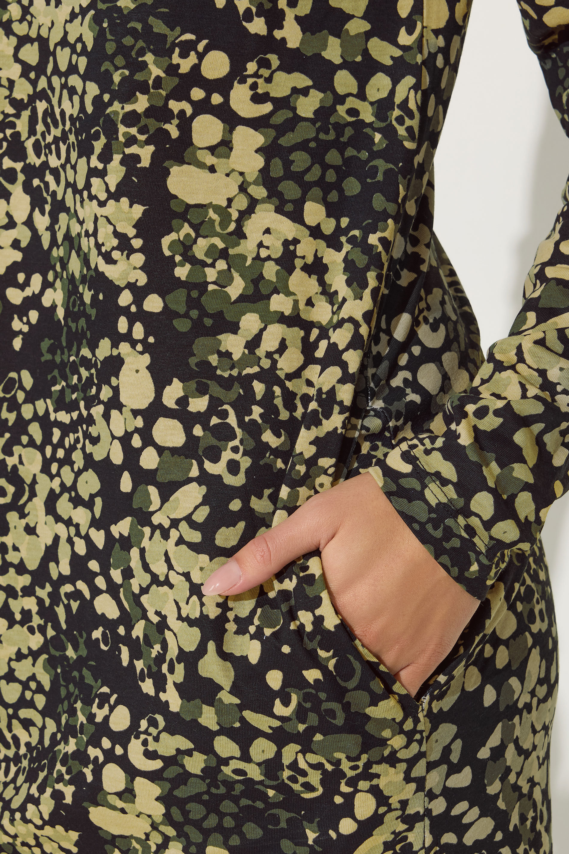 PixieGirl Petite Women's Khaki Green Abstract Animal Long Sleeve Cotton T-Shirt Dress | PixieGirl 5