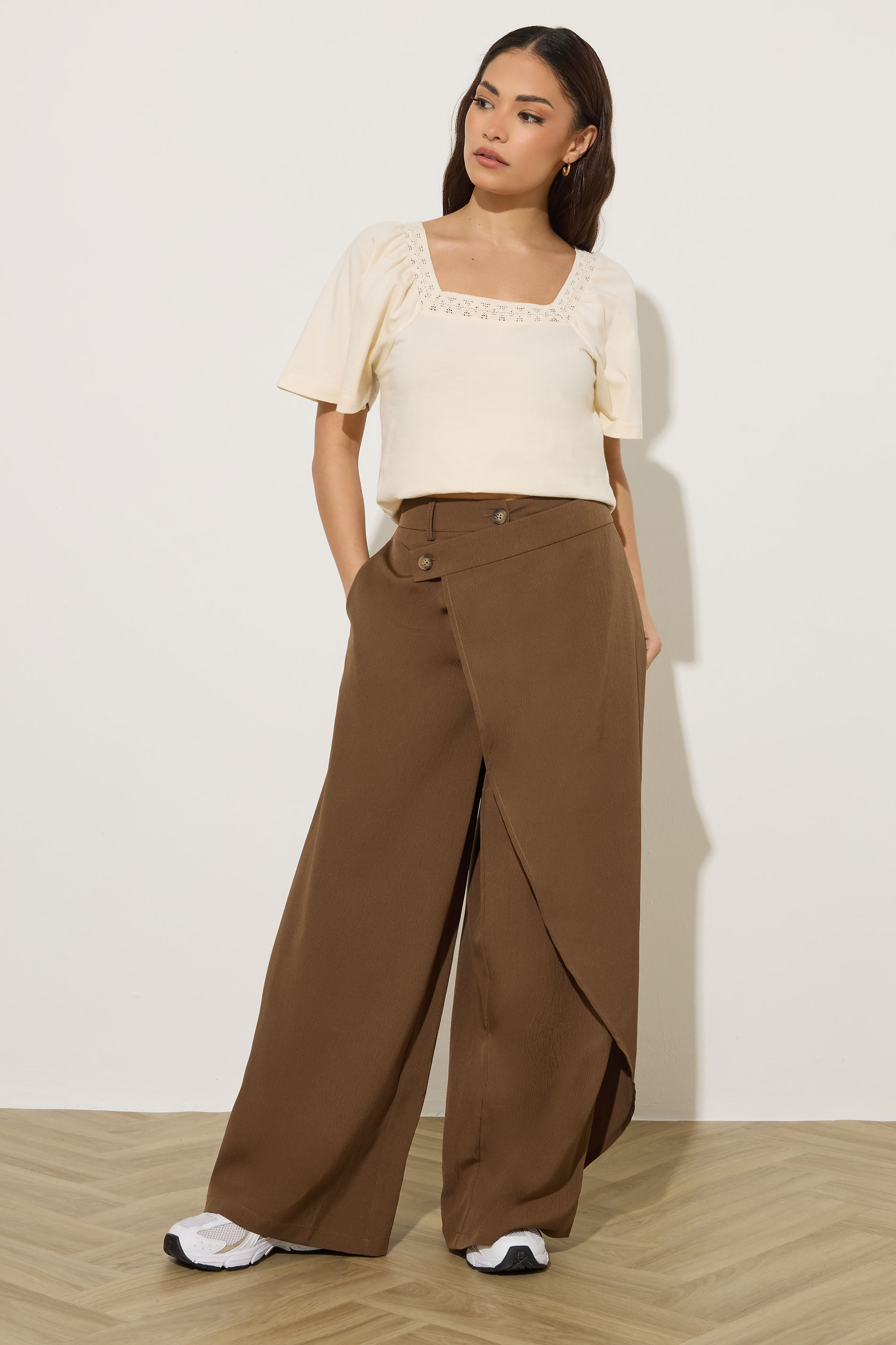 PixieGirl Petite Women's Camel Brown Wrap Wide Leg Trousers | PixieGirl 3