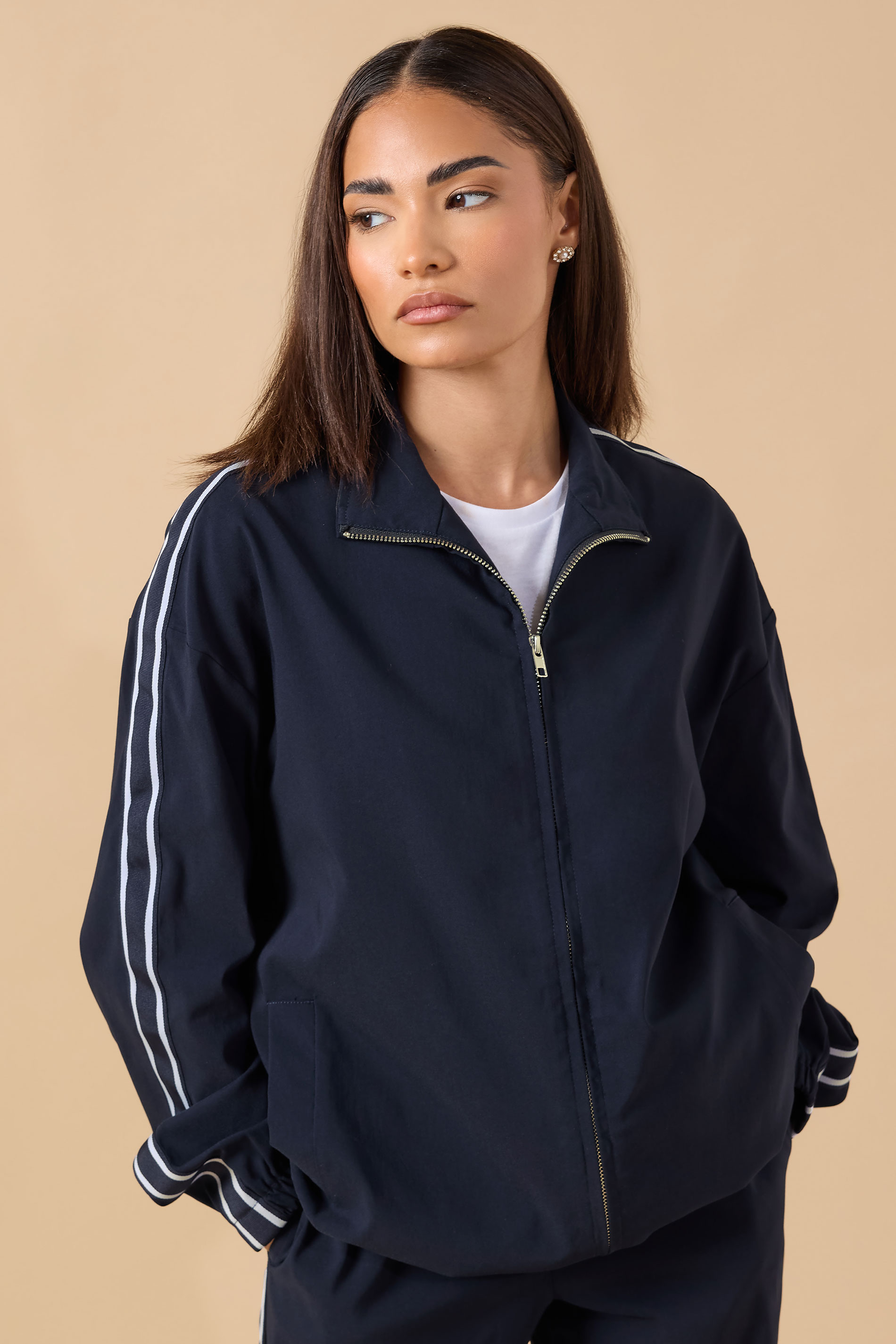 PixieGirl Petite Women's Navy Blue Side Stripe Zip Jacket | PixieGirl 3
