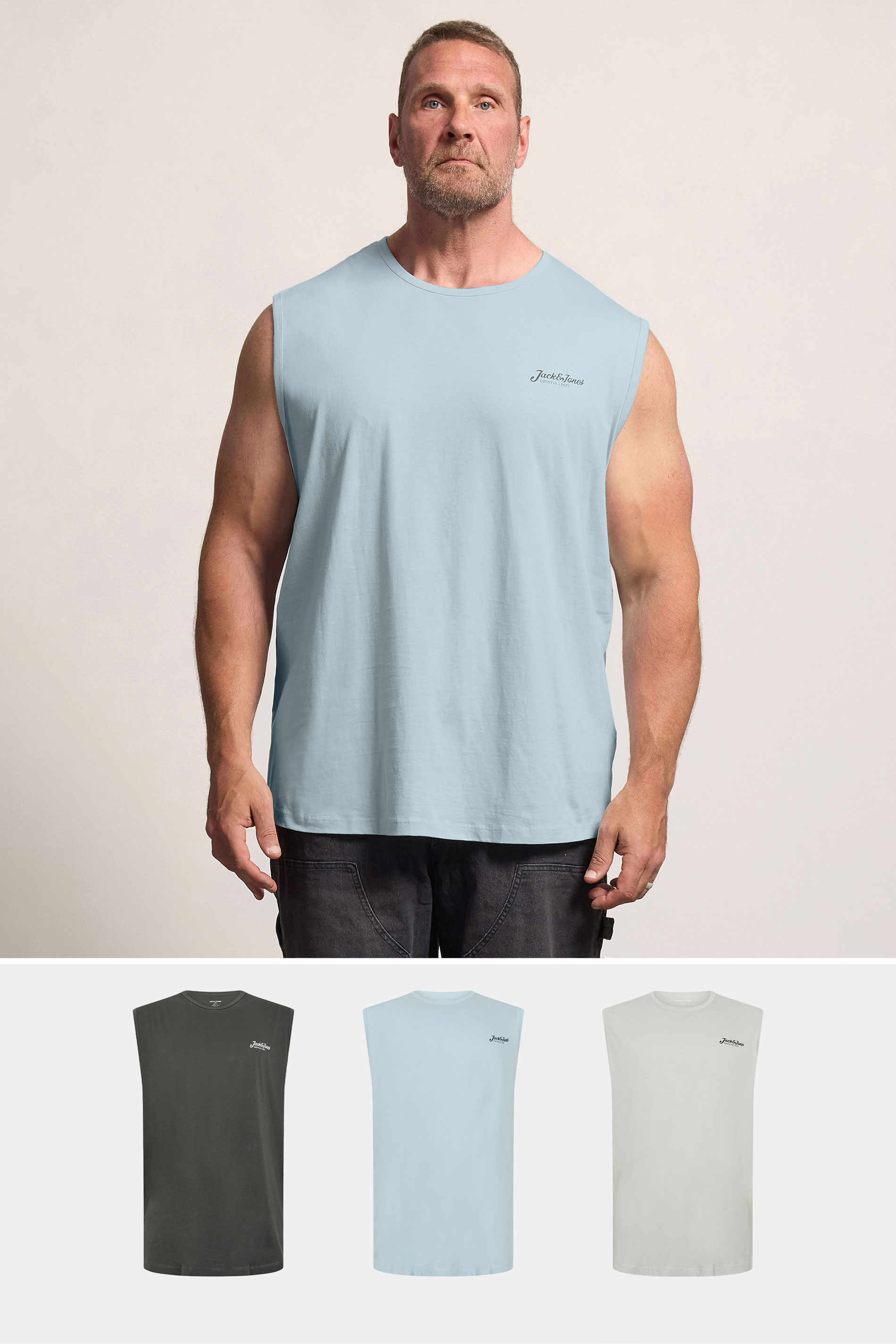 JACK & JONES 3 PACK Big & Tall White, Black, and Light Blue Tanktops | BadRhino 1