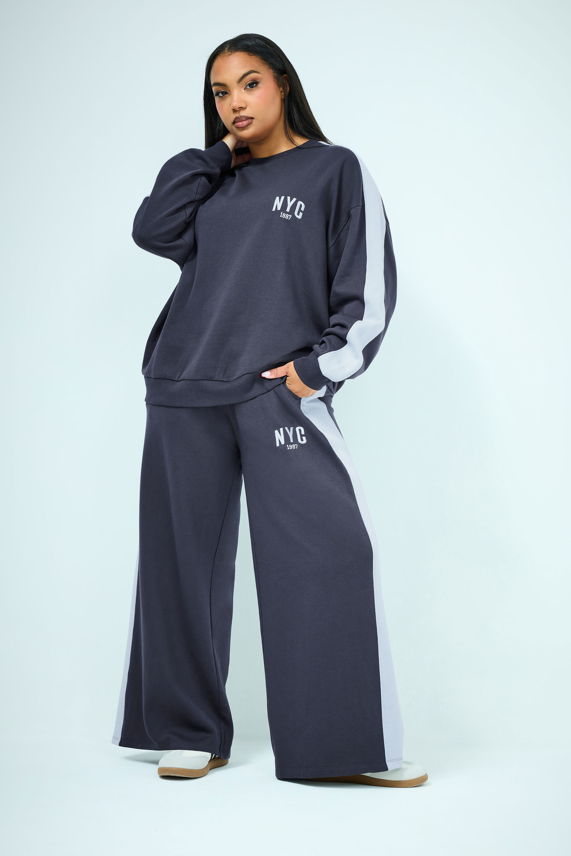 YOURS Plus Size Navy Blue 'NYC' Side Stripe Sweatshirt | Yours Clothing 3