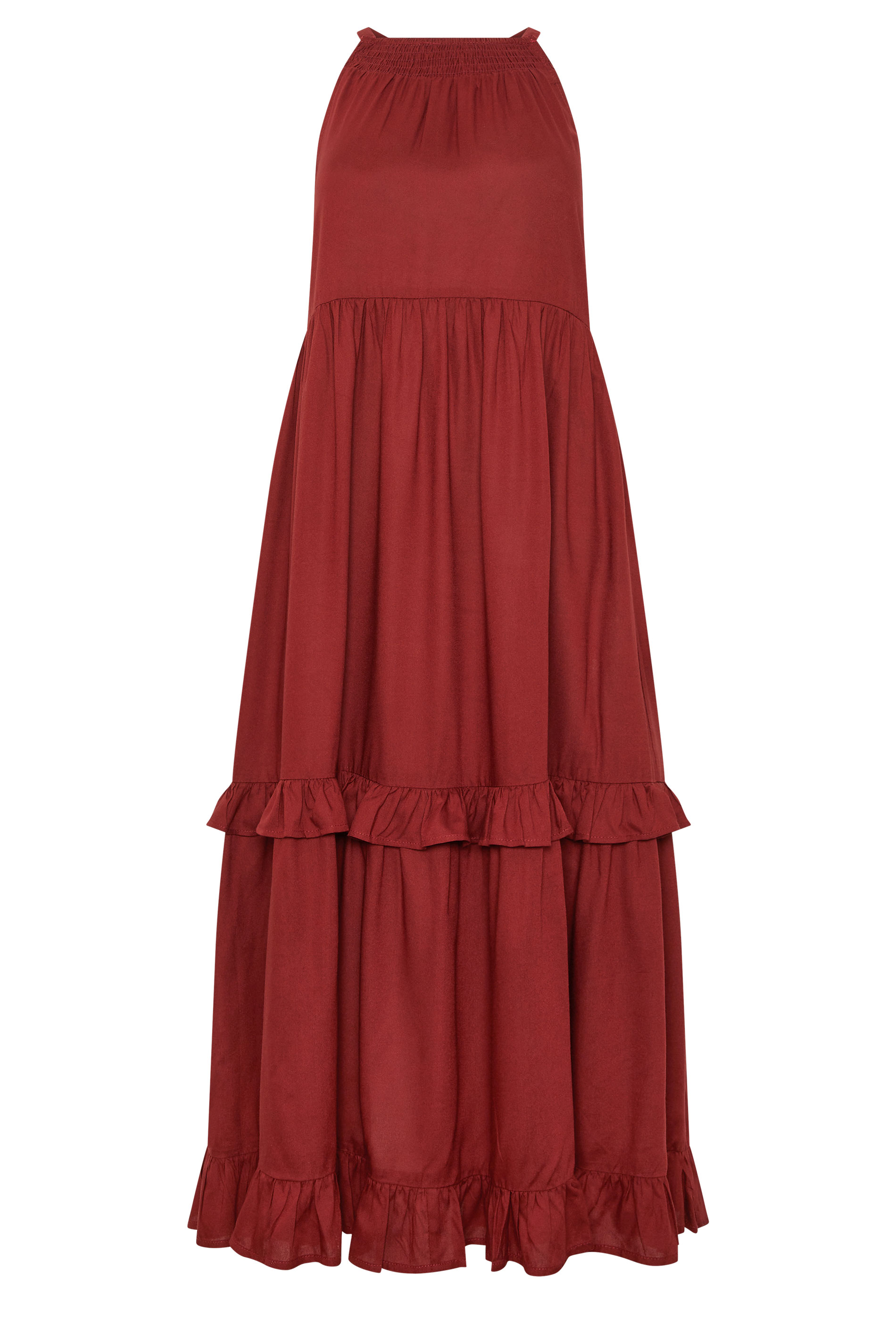 PixieGirl Petite Women's Red Halter Neck Tiered Maxi Dress | PixieGirl 5