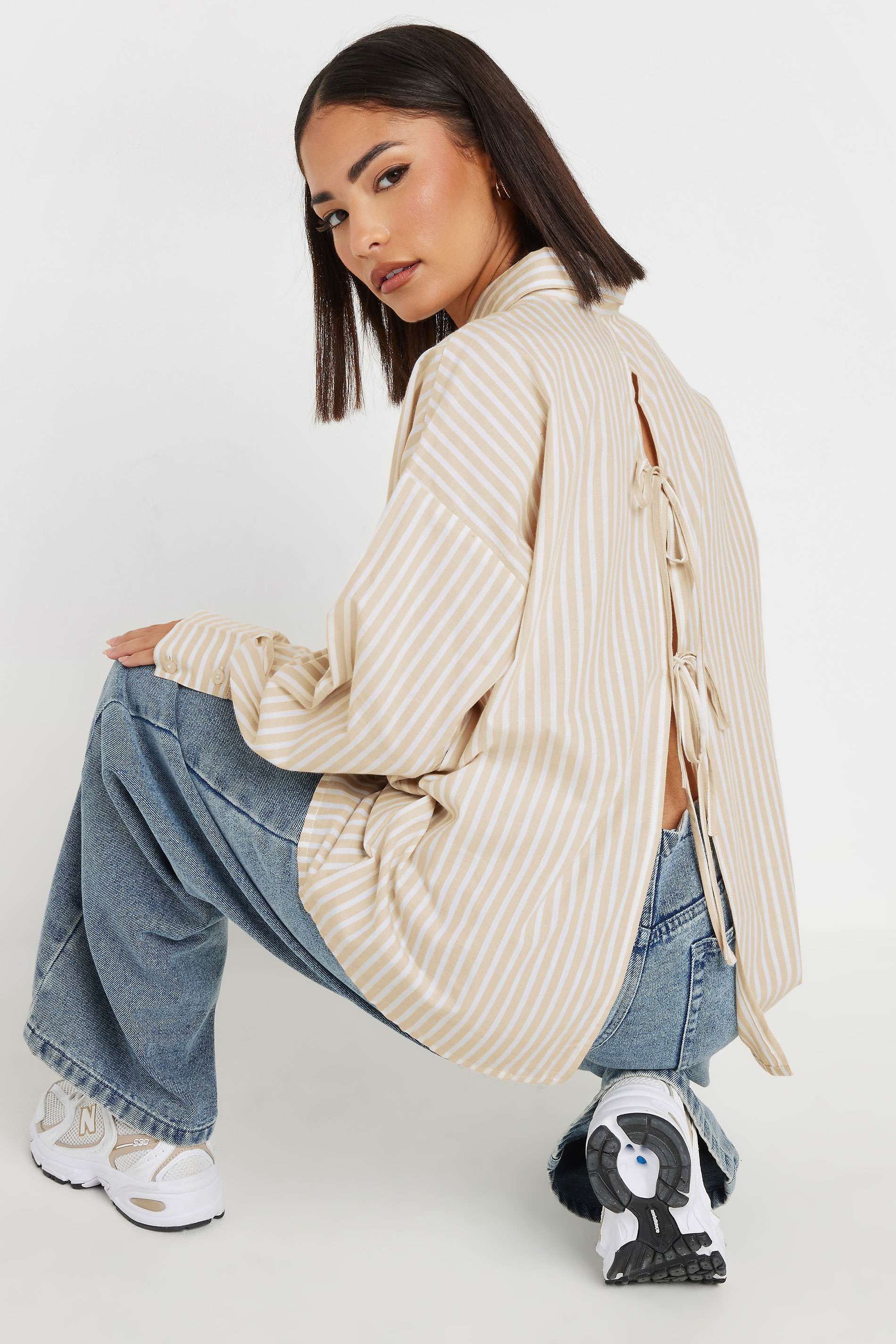 PixieGirl Petite Women's Stone Brown Stripe Tie Back Cotton Shirt | PixieGirl 3