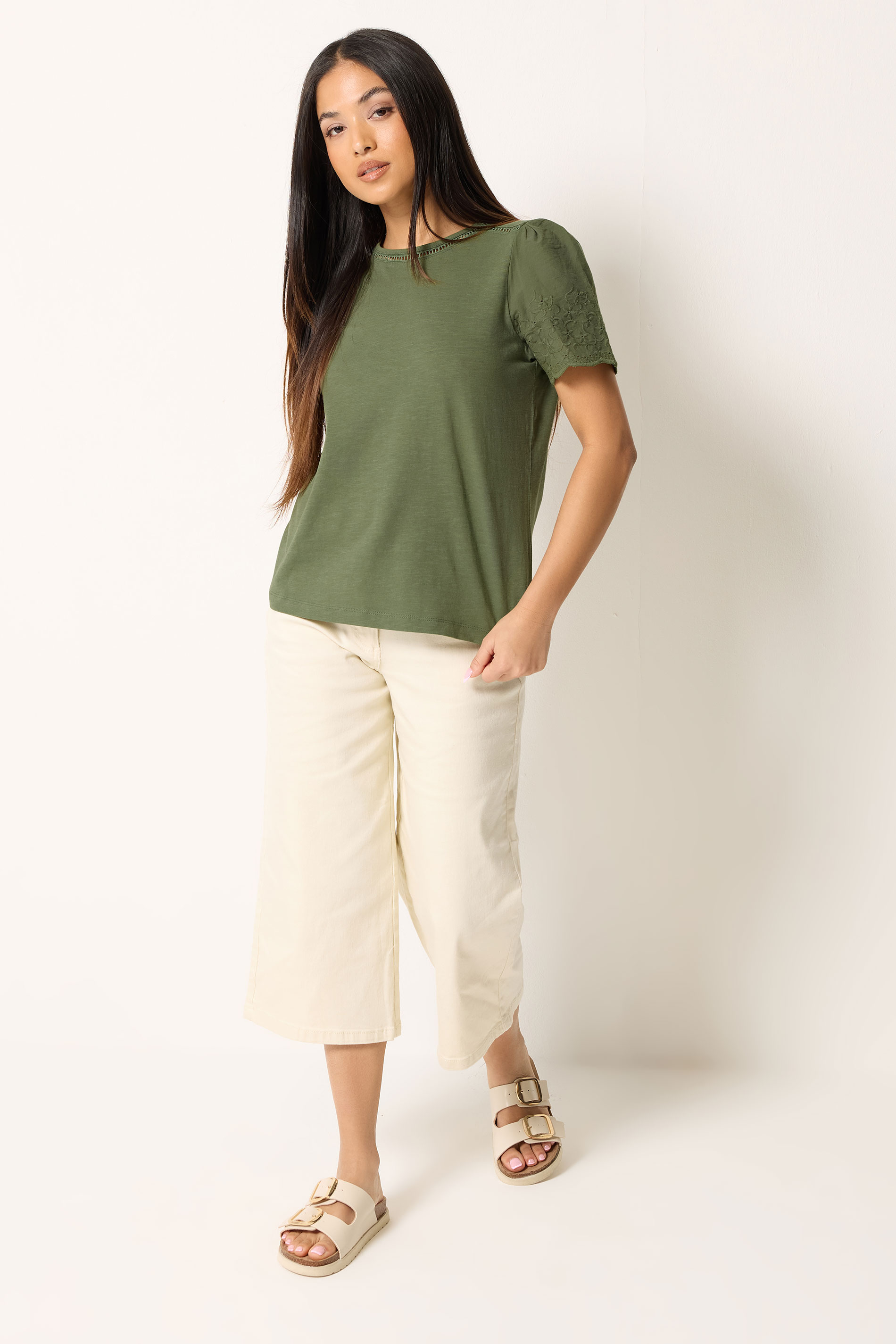 M&Co Petite Khaki Green Embroidered Sleeve Cotton T-Shirt | M&Co 1