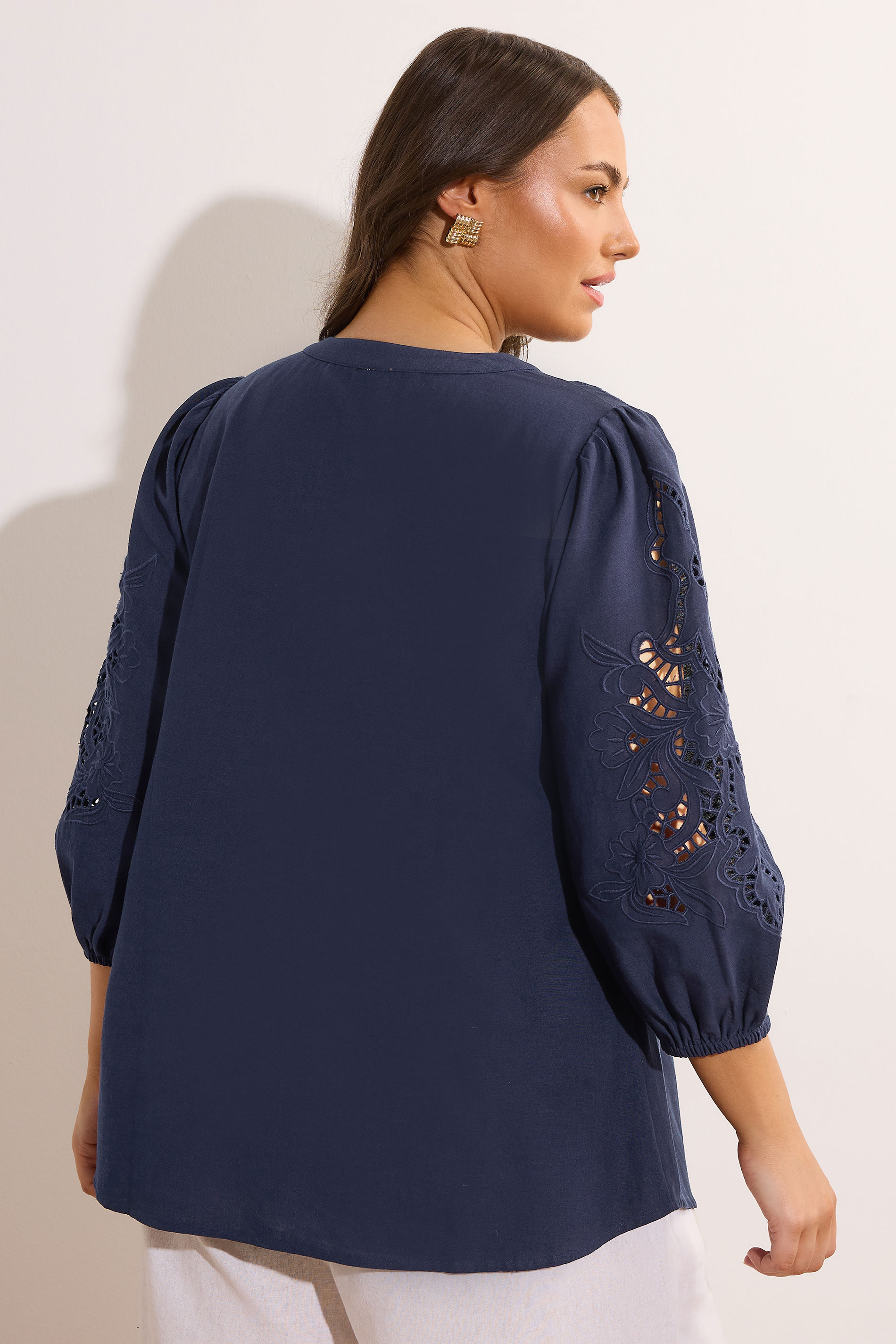EVANS Plus Size Navy Blue Cutwork Linen Blouse | Evans 2