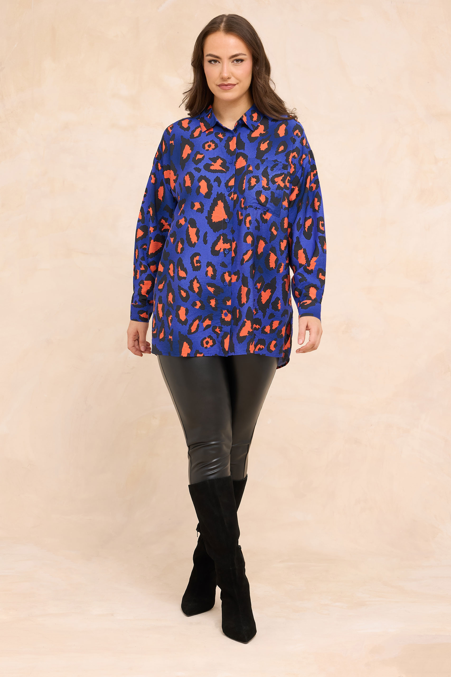 EVANS Plus Size Cobalt Blue Leopard Print Oversized Shirt | Evans 1
