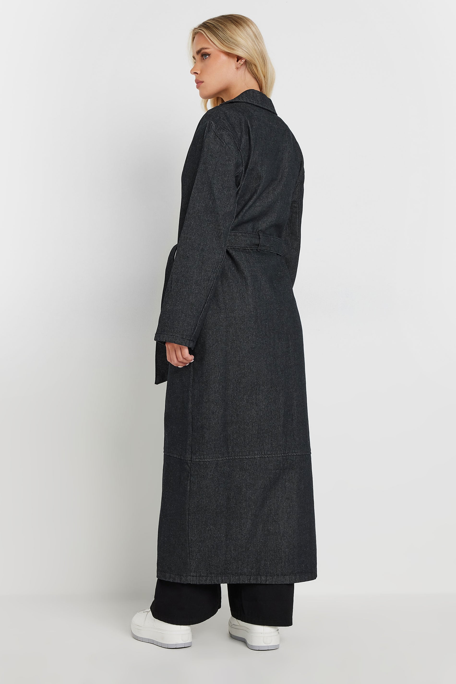 PixieGirl Petite Indigo Blue Denim Belted Cotton Trench Coat | PixieGirl 4