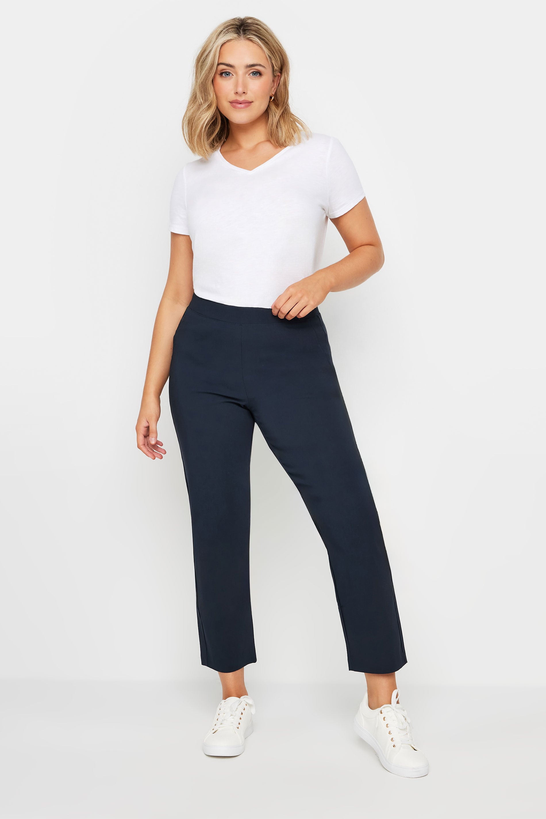 M&Co Navy Blue Straight Leg Elasticated Bengaline Trousers | M&Co 1