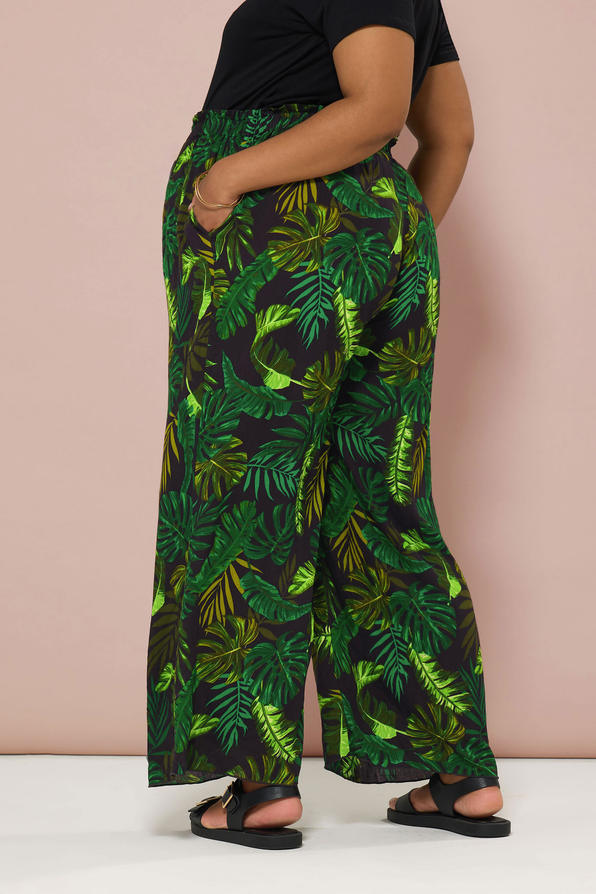 BUMP IT UP MATERNITY Plus Size Black & Green Palm Print Trousers | Yours Clothing 5
