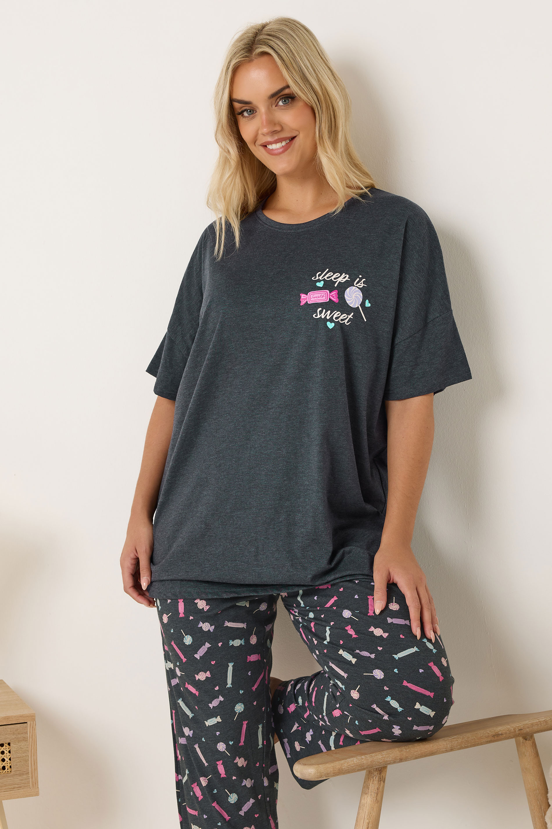 YOURS Plus Size Grey 'Sleep Is Sweet' Wide Leg Pyjama Set | Yours Clothing 3