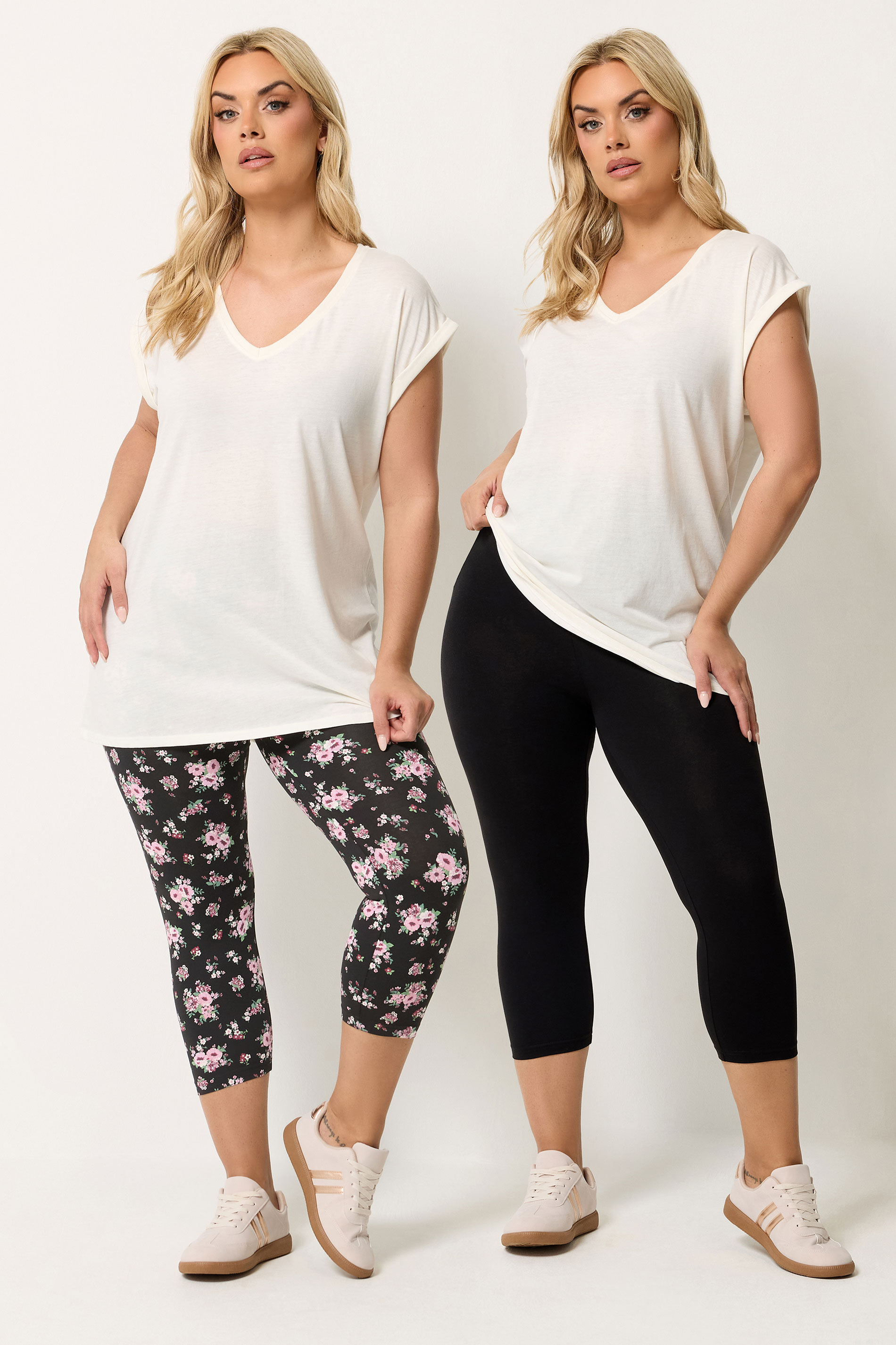 YOURSET 2 PACK Plus Size Black Floral Cropped Leggings | Yours Clothing 1