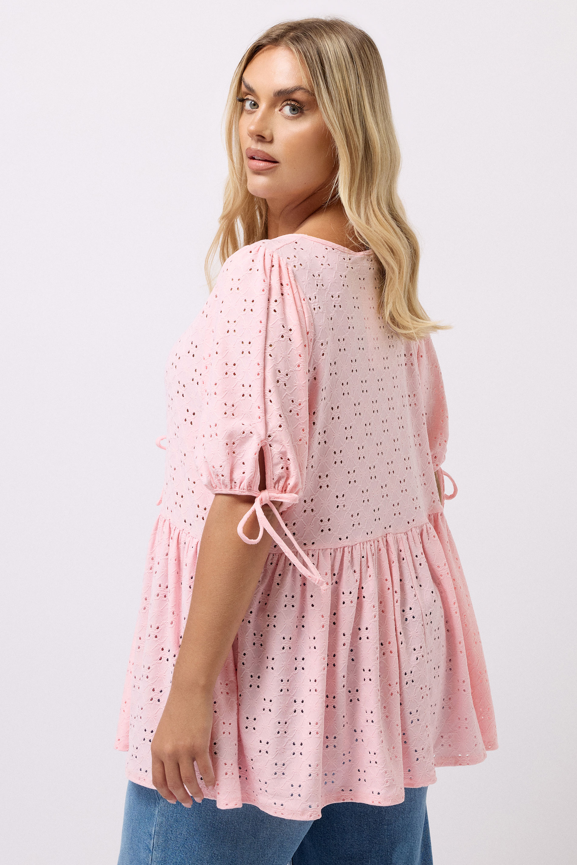 YOURS Plus Size Pink Broderie Anglaise Tie Front Peplum Top | Yours Clothing 2