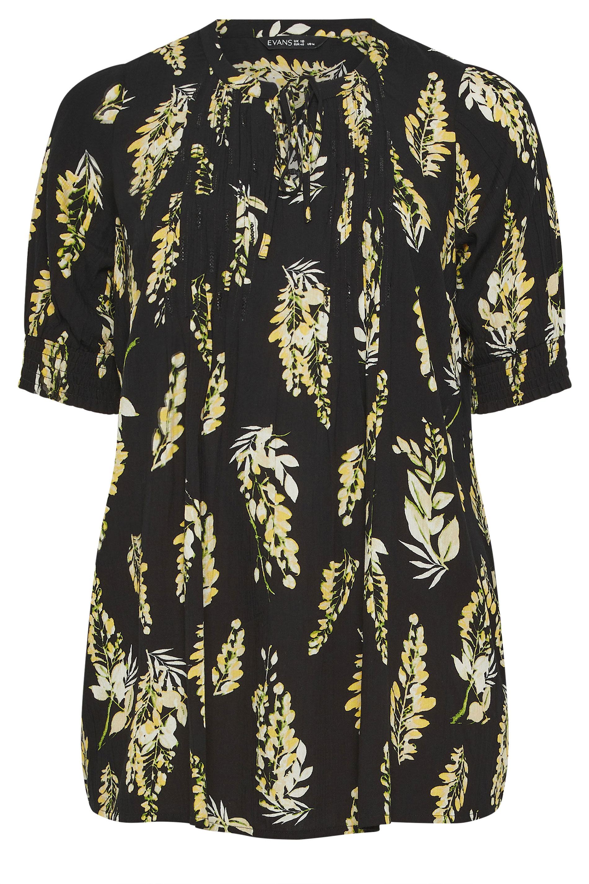 EVANS Plus Size Black Floral Print Pintuck Tie Neck Blouse | Evans 5