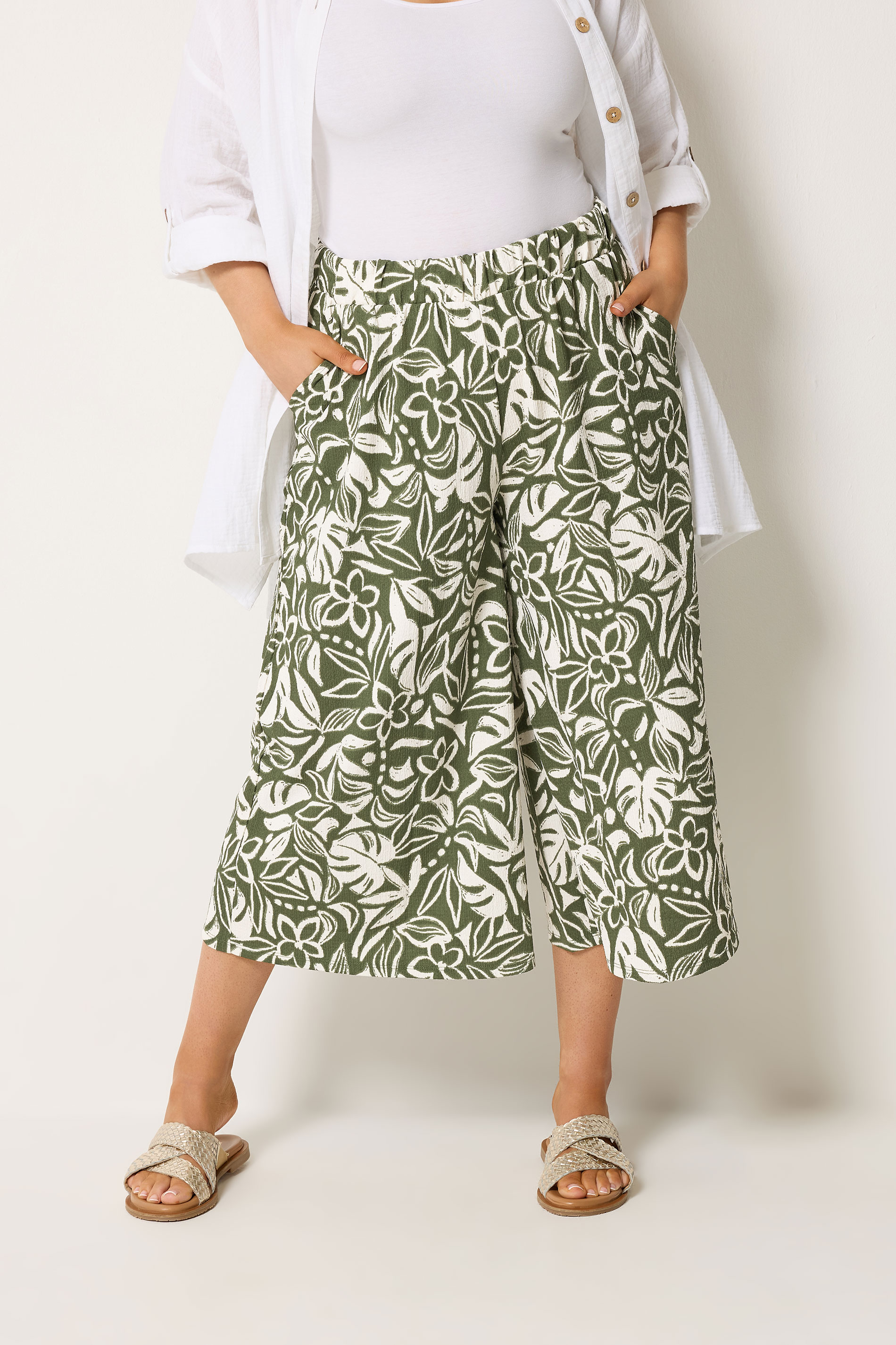 YOURS Plus Size Khaki Green Leaf Print Culottes | Yours Clothing 3