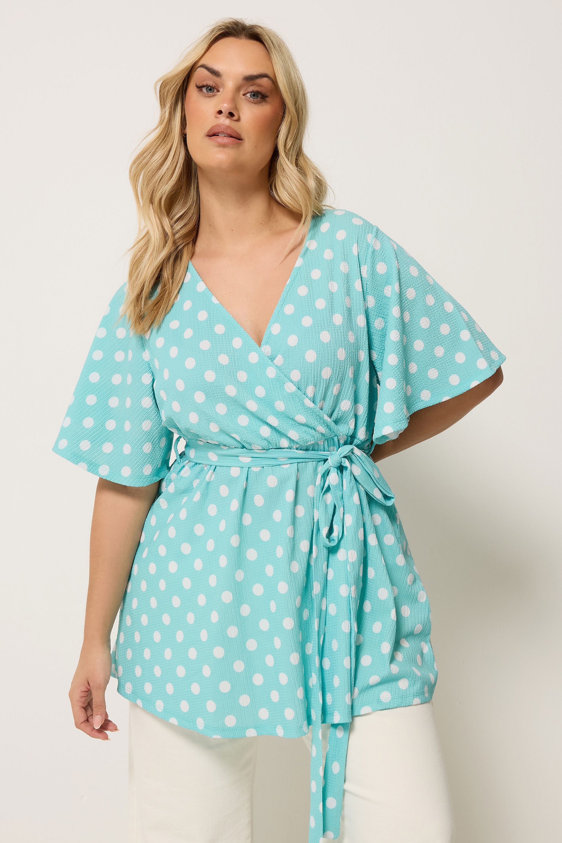 YOURS Plus Size Blue Polka Dot Print Wrap Top | Yours Clothing 3