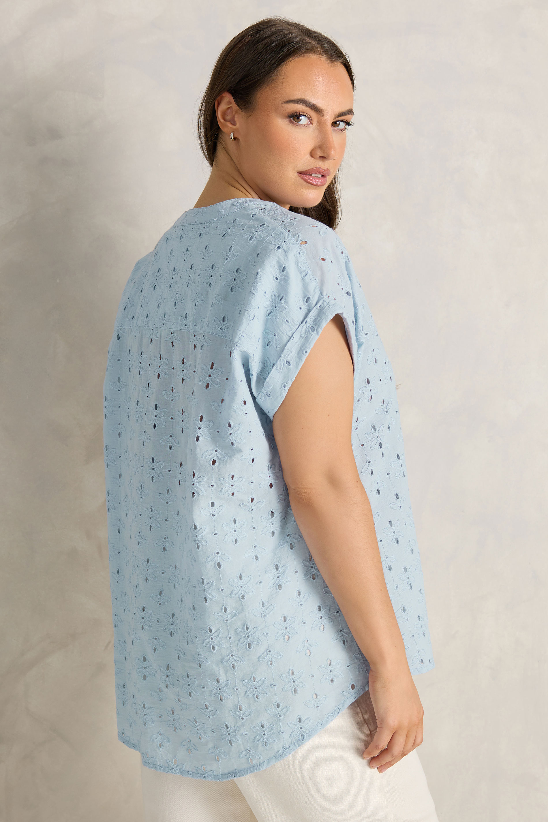 EVANS Plus Size Blue Broderie Short Sleeve Shirt | Evans 4