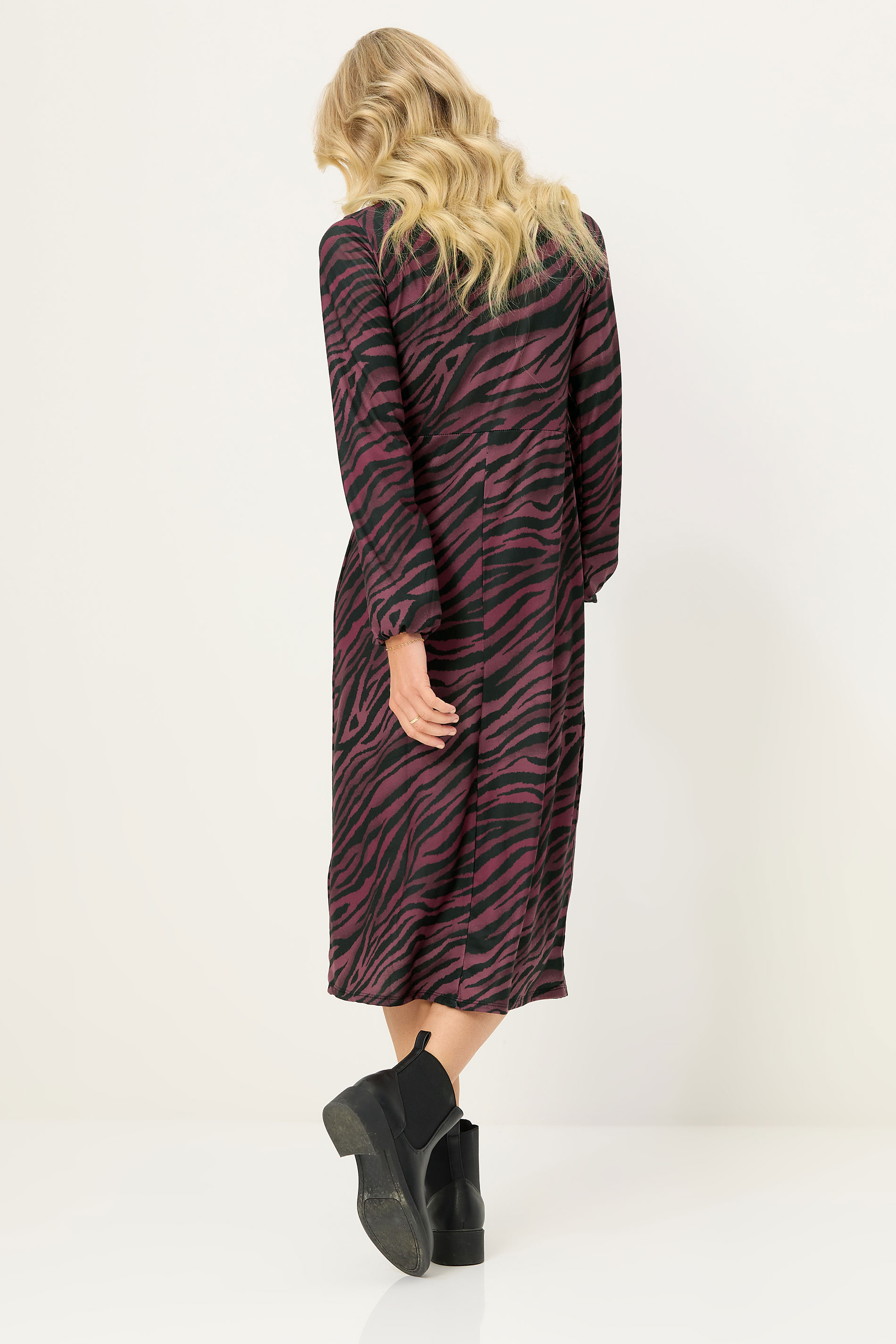 PixieGirl Petite Women's Burgundy Red Zebra Print Long Sleeve Midi Dress | PixieGirl 2