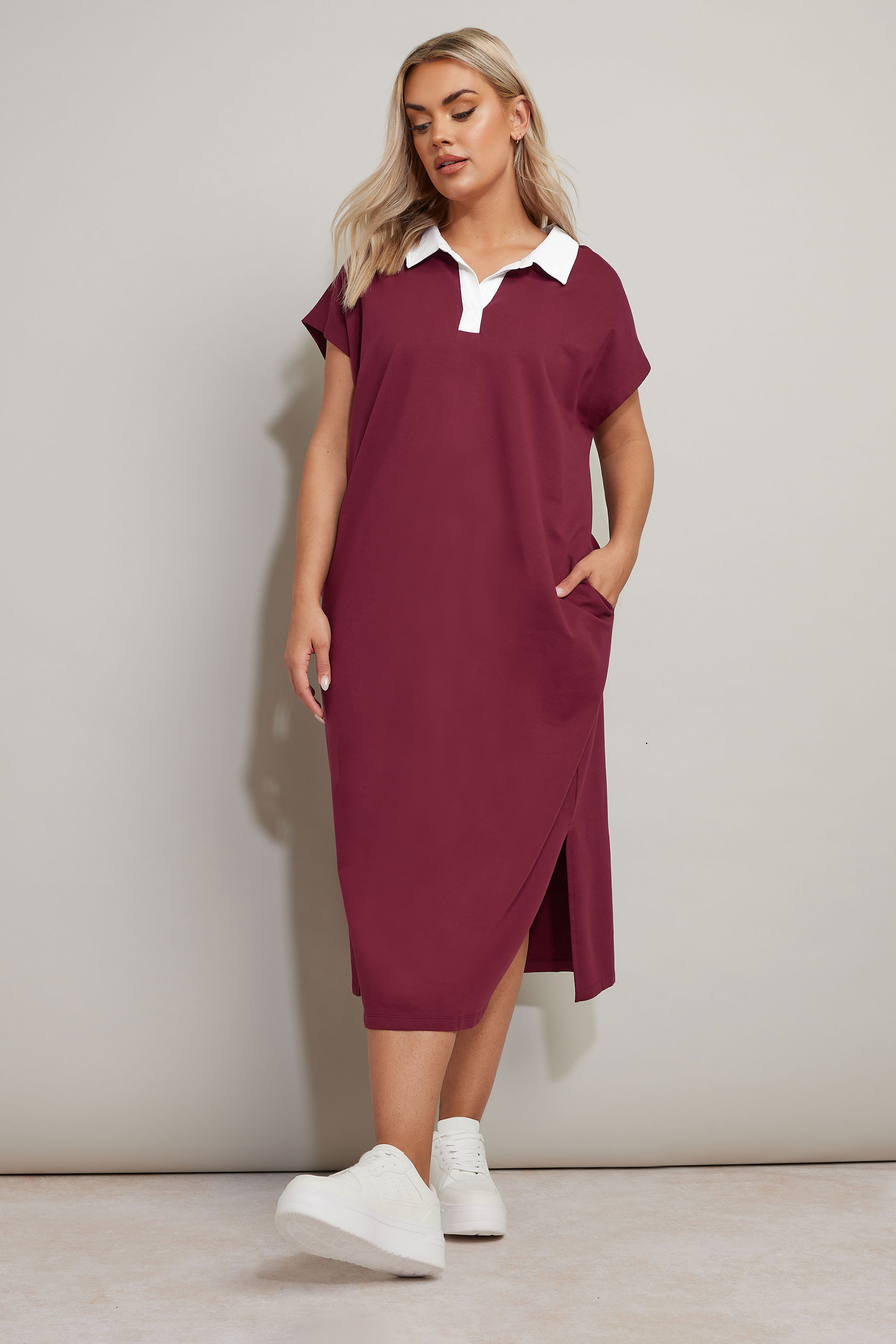 YOURS Plus Size Dark Red Jersey Collar Grown-On Sleeve Dress | Yours Clothing 1