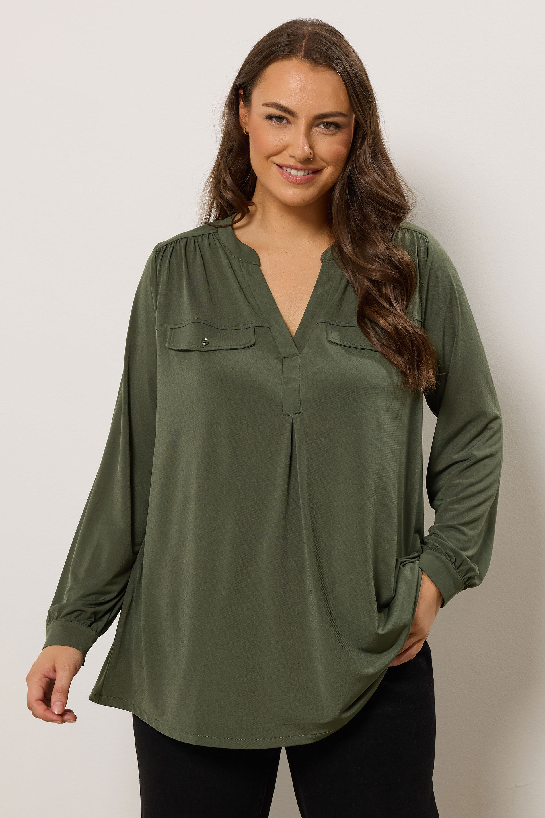 EVANS Plus Size Khaki Green Notch Neck Utility Shirt | Evans 3