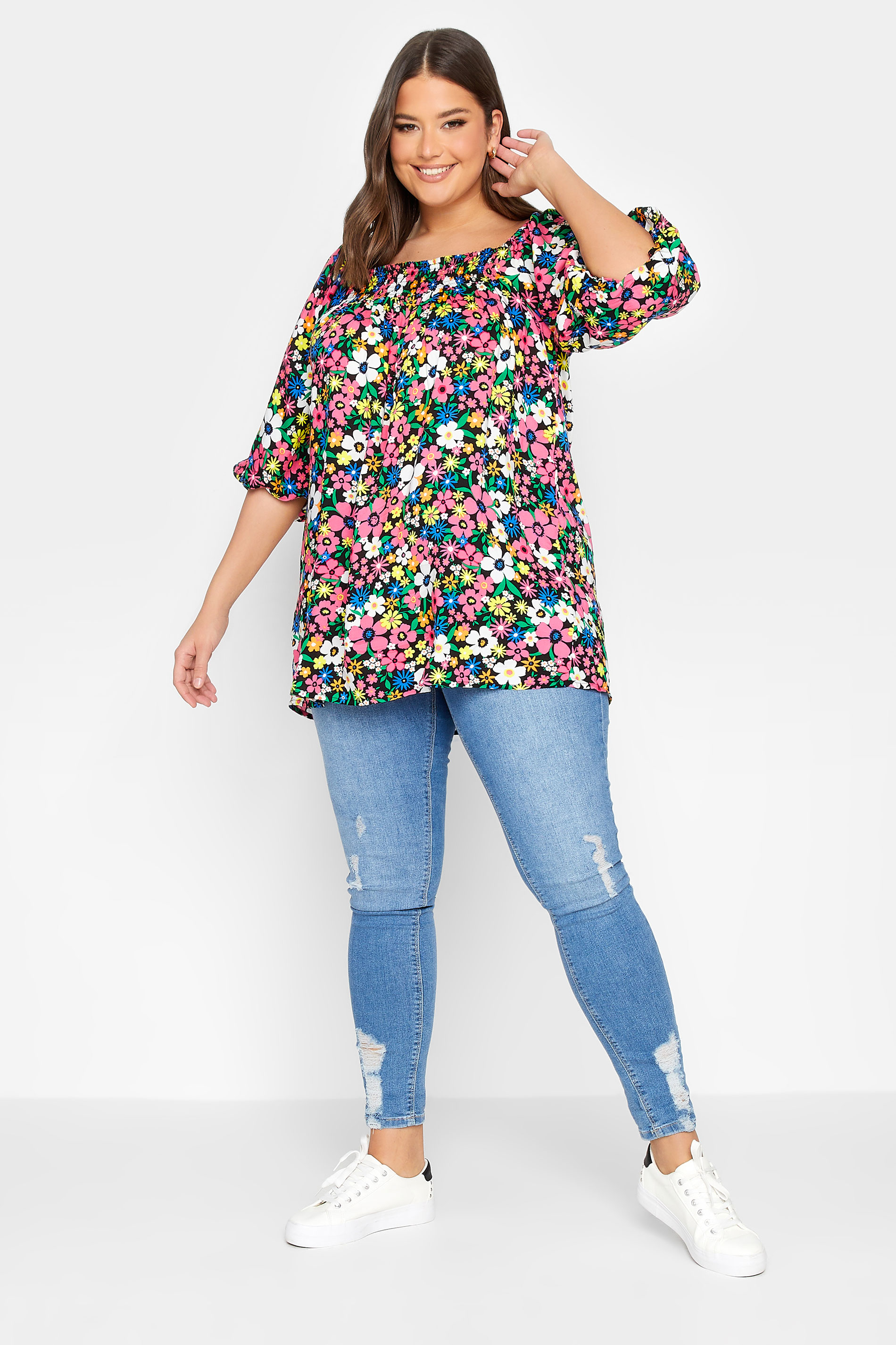 YOURS Plus Size Blue & Pink Floral Shirred Neck Top | Yours Clothing 2