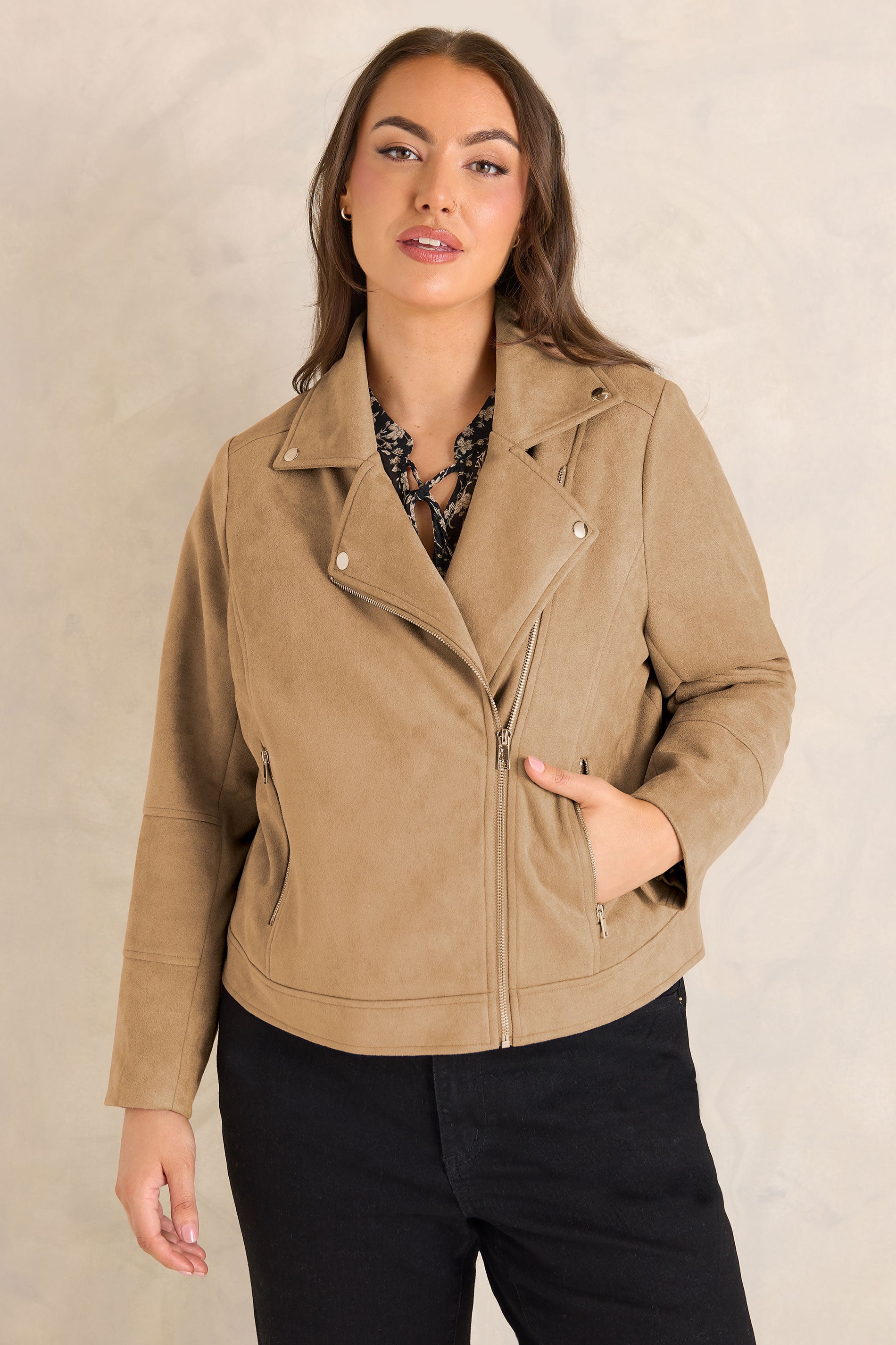 EVANS Plus Size Natural Brown Faux Suede Biker Jacket 2