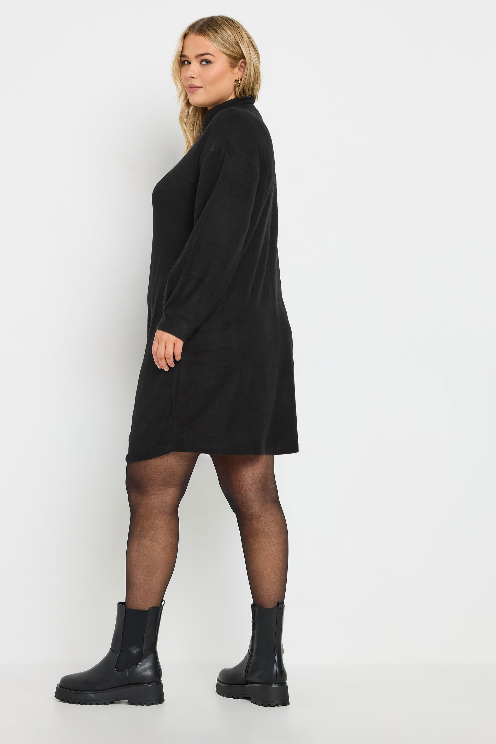 YOURS Plus Size Black Ribbed Quarter Zip Jumper Dress | Yours Clothing 2
