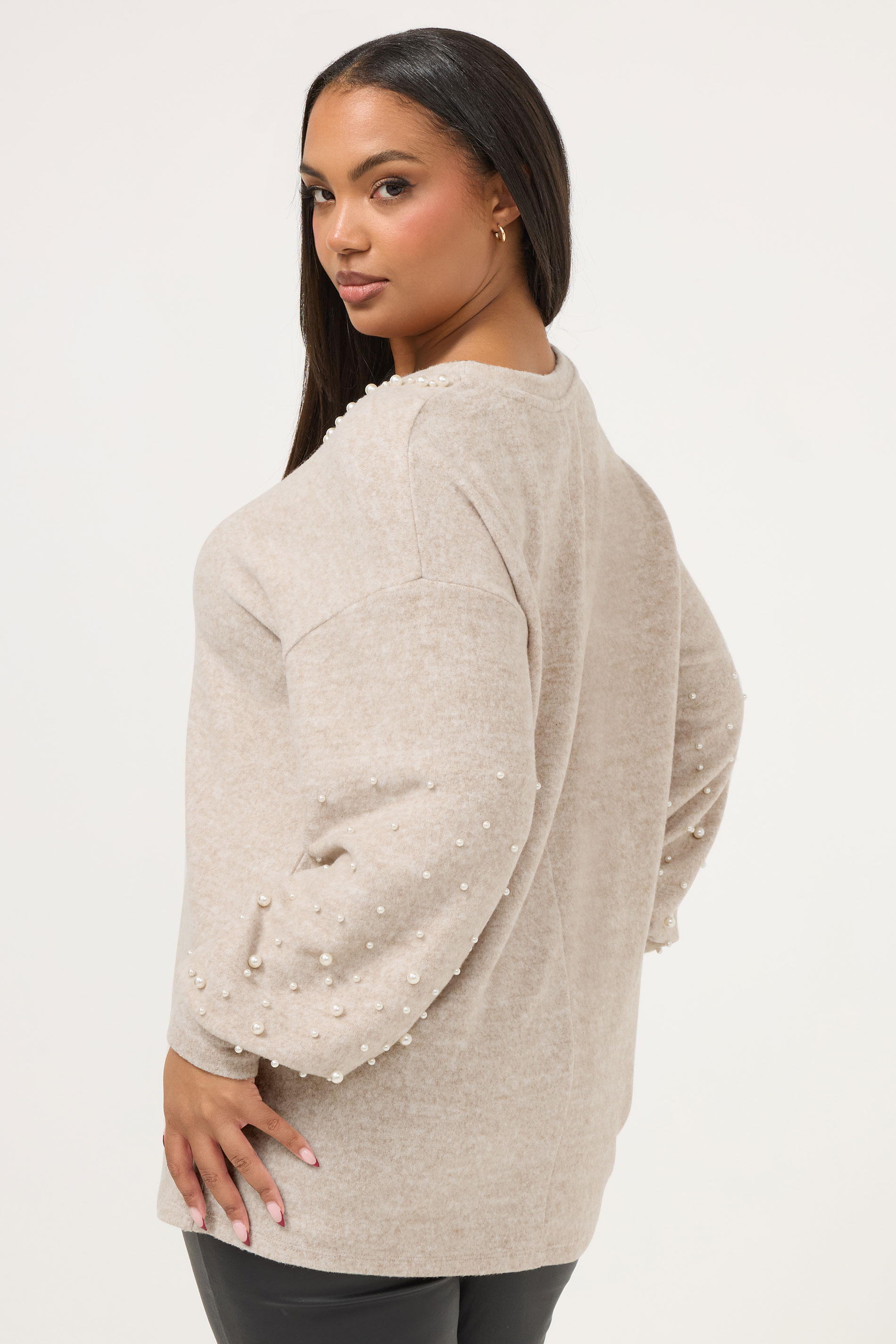 YOURS Plus Size Natural Brown Pearl Embellished Jumper | Yours Clothing 2