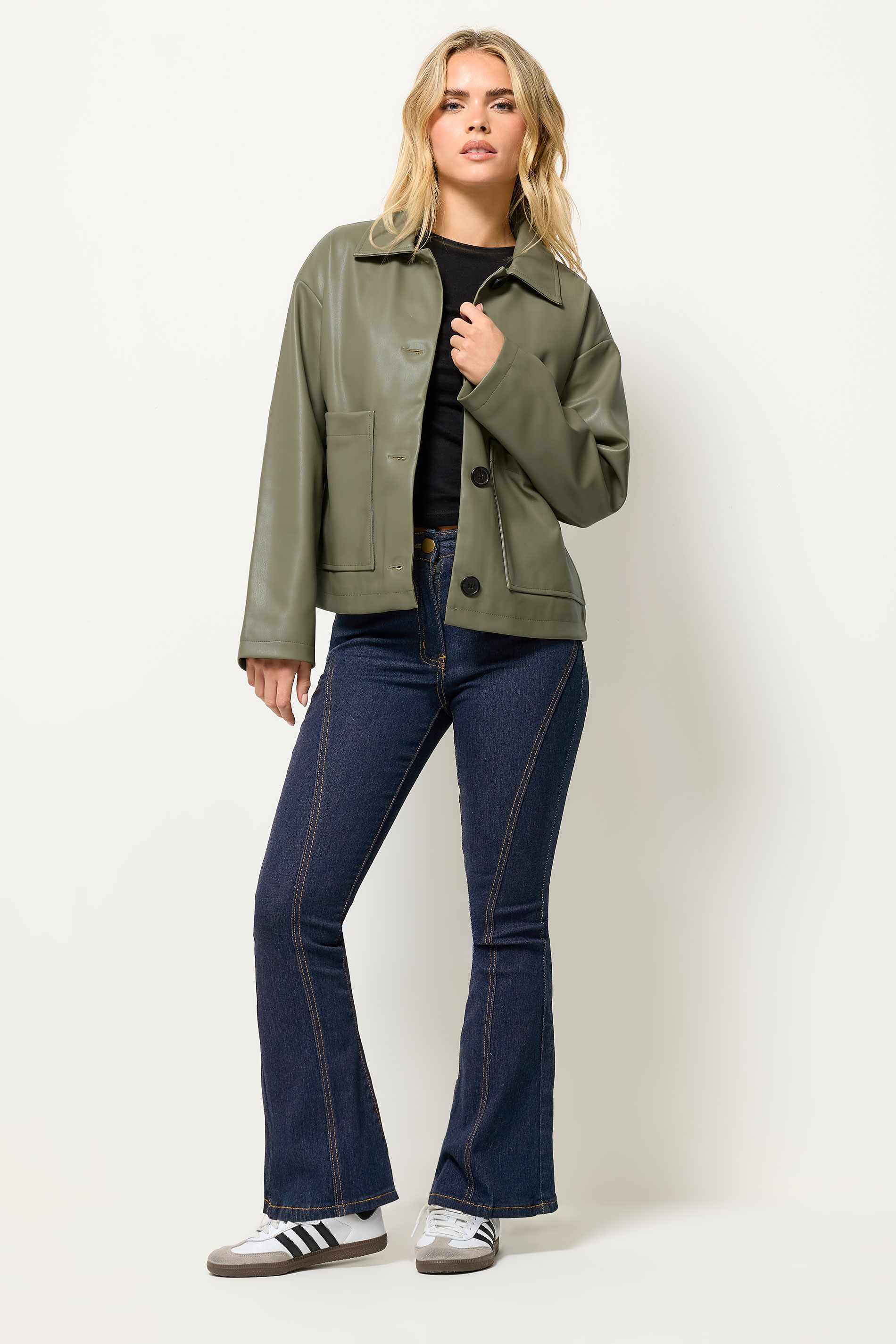 PixieGirl Petite Women's Green Faux Leather Pocket Jacket | PixieGirl 1