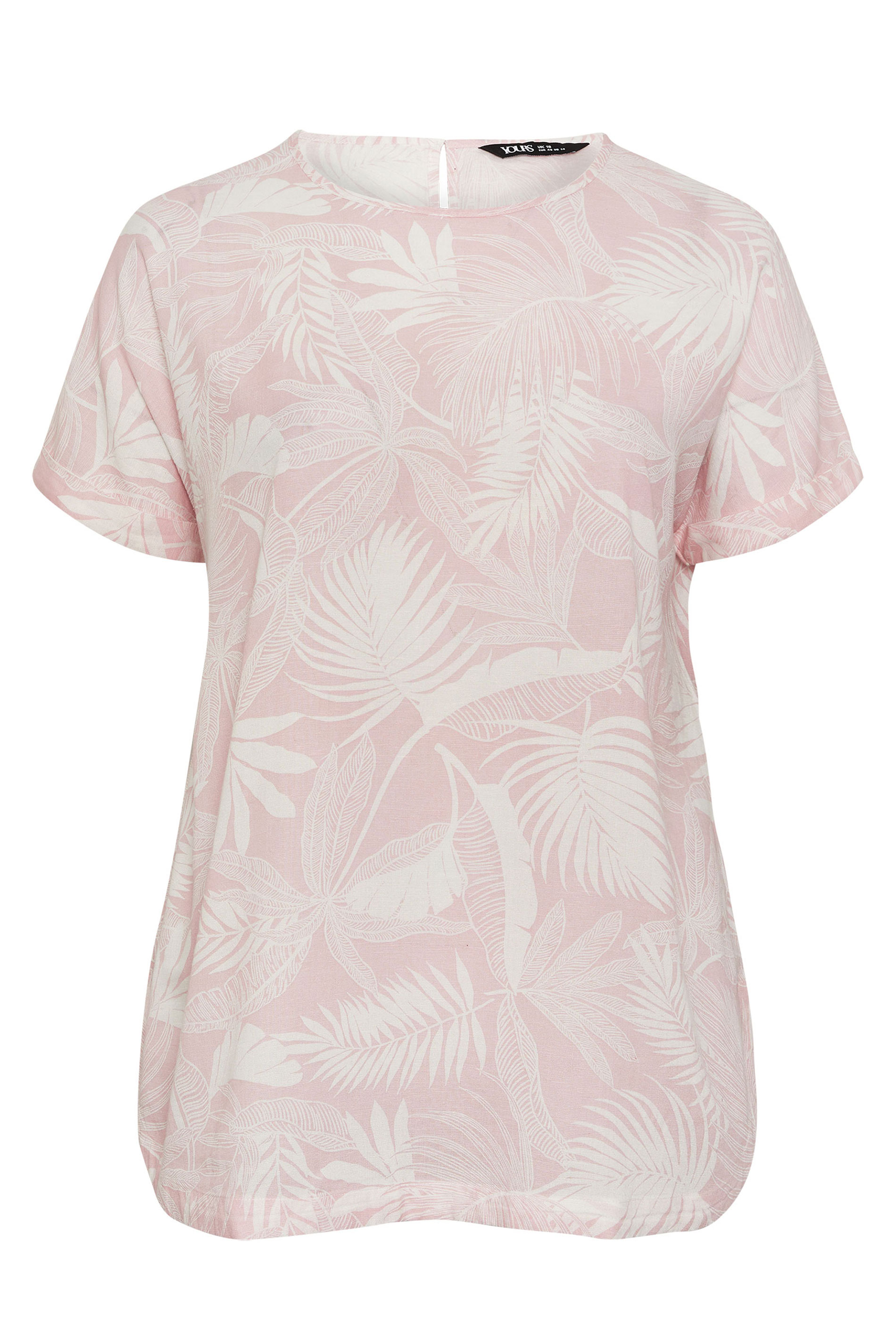 YOURS Plus Size Pink Palm Leaf Linen Boxy T-Shirt | Yours Clothing 6