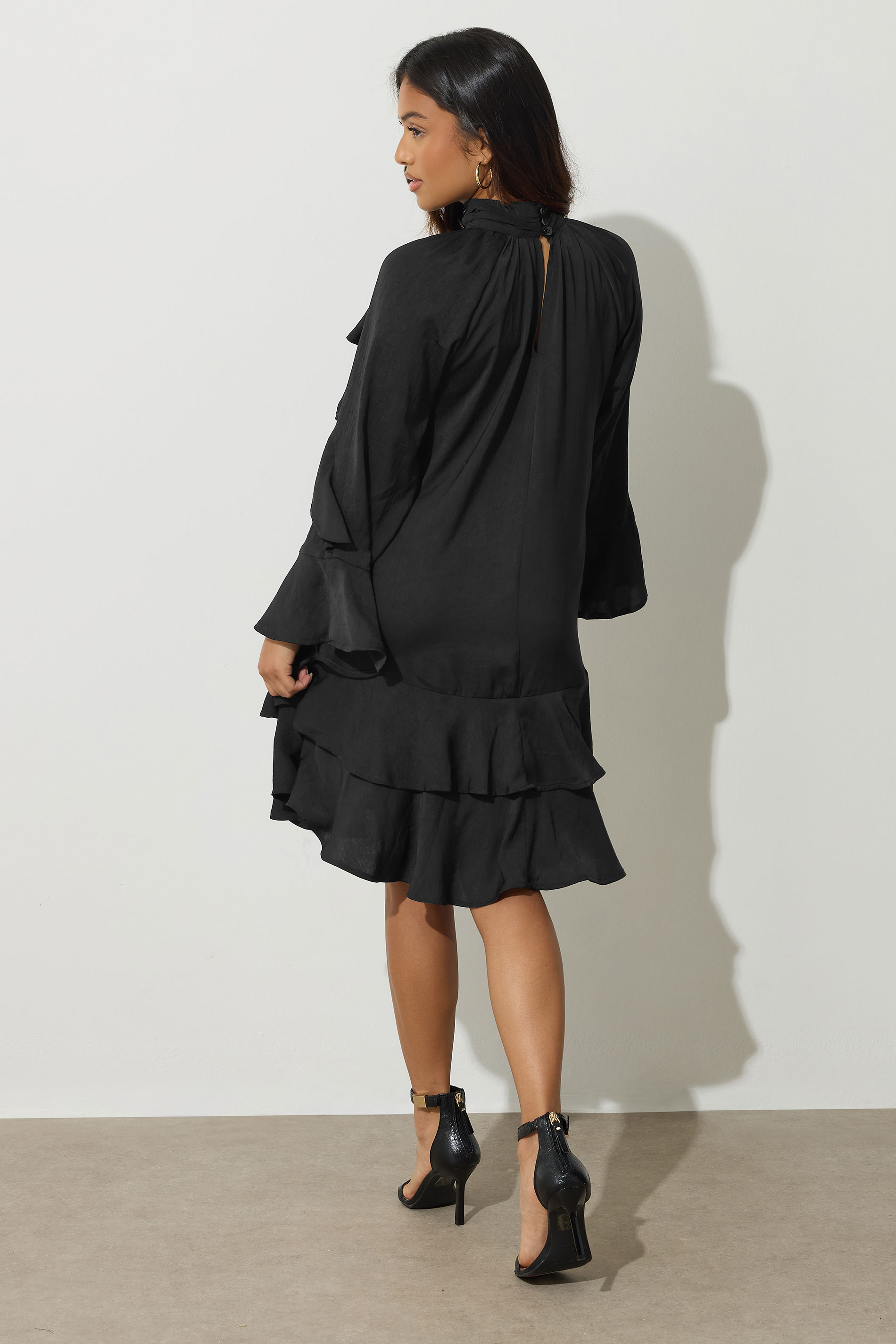 PixieGirl Petite Women's Black Hammered Satin Frill Smock Dress | PixieGirl 5