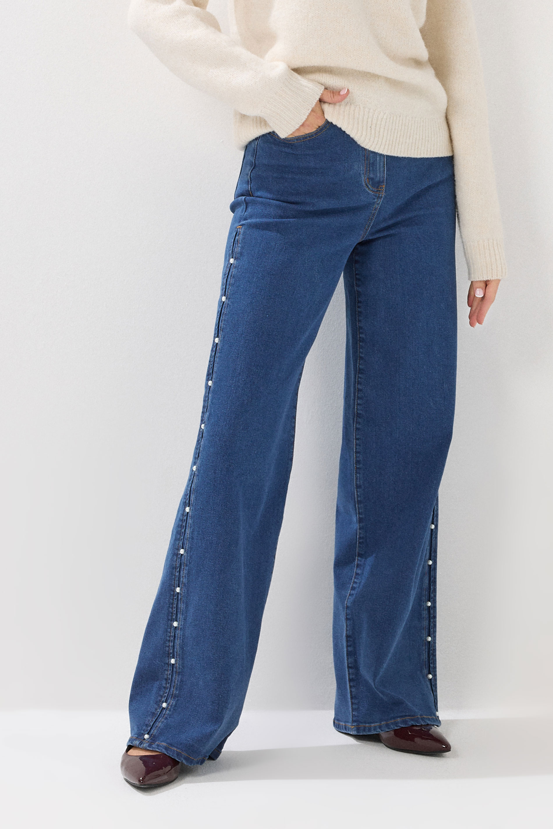 LTS Tall Dark Blue Pearl Detail Cotton Wide Leg Jeans | Long Tall Sally 2