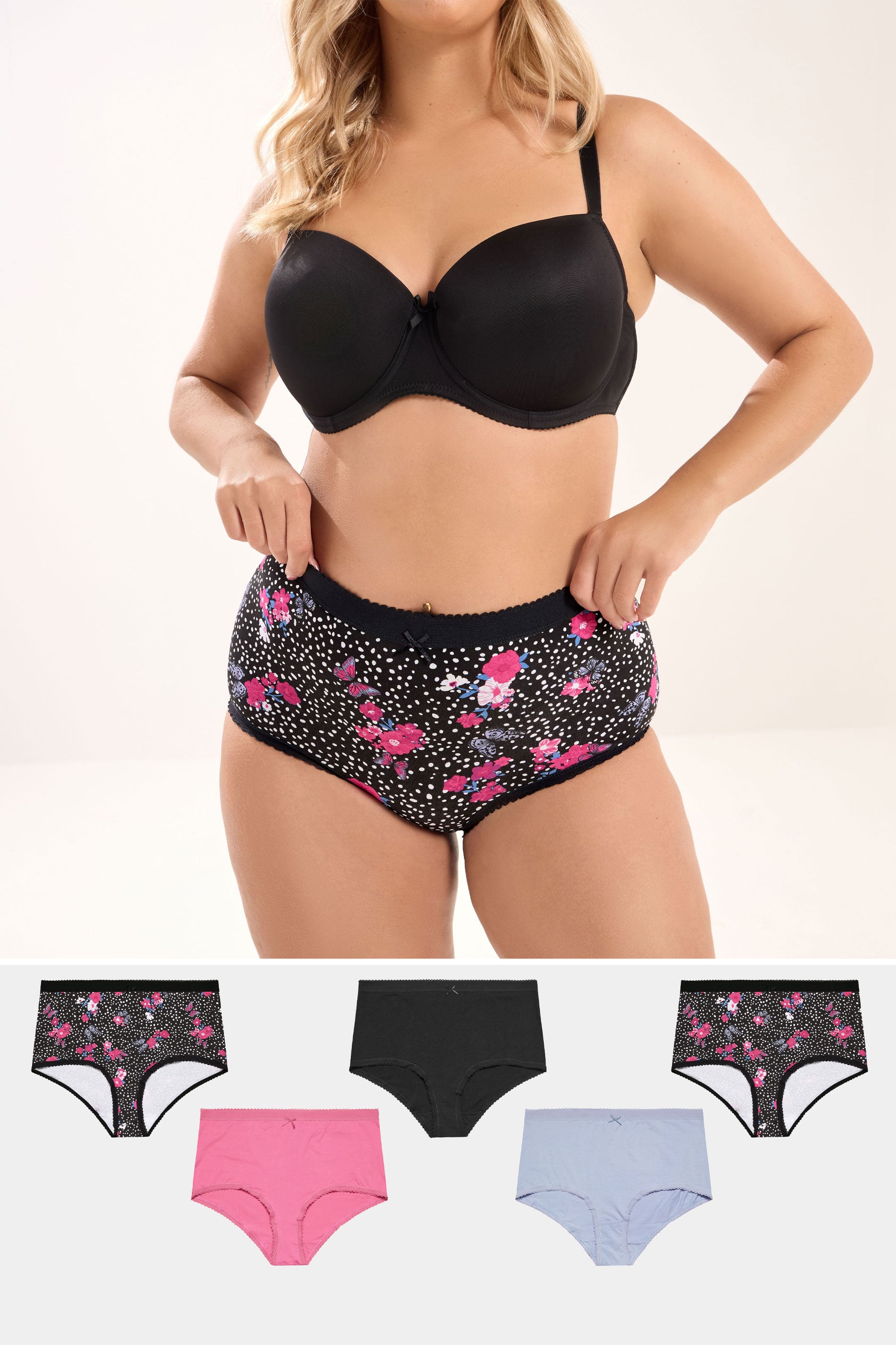 YOURS Plus Size 5 PACK Black Floral Print Full Briefs | Yours Clothing 1