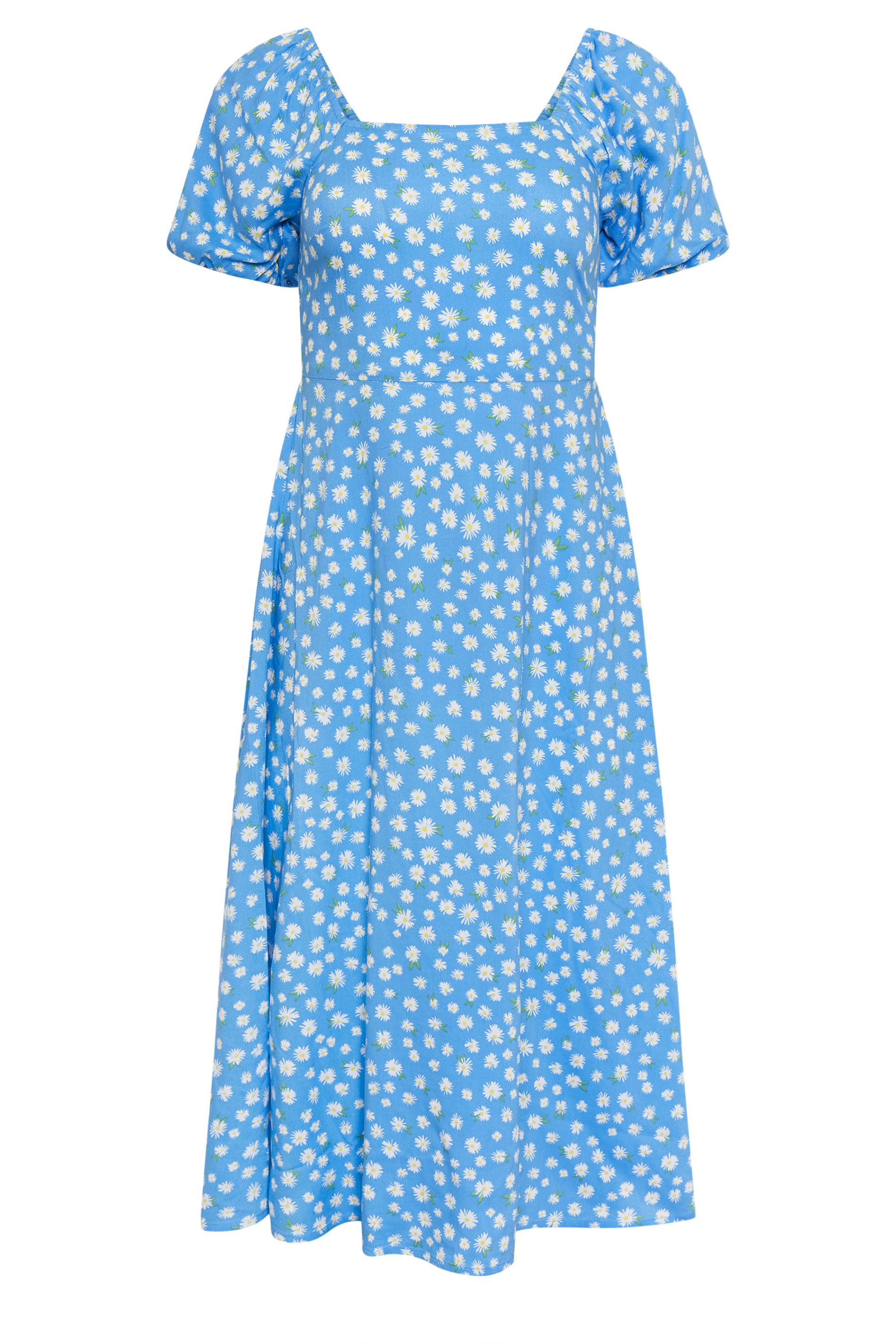 PixieGirl Petite Women's Blue Daisy Puff Sleeve Midi Dress | PixieGirl 5