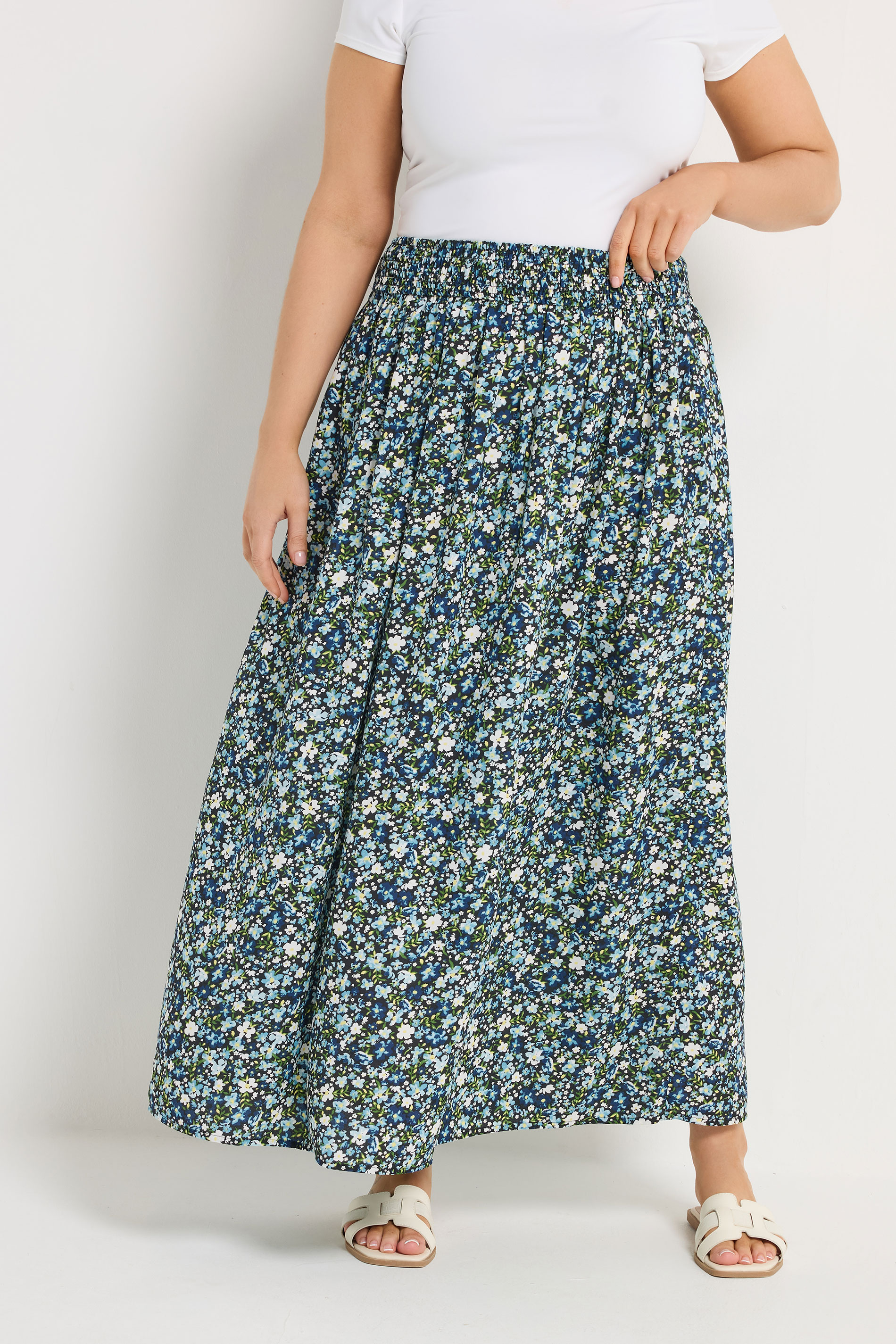YOURS Plus Size Blue Ditsy Floral Midaxi Skirt | Yours Clothing 1