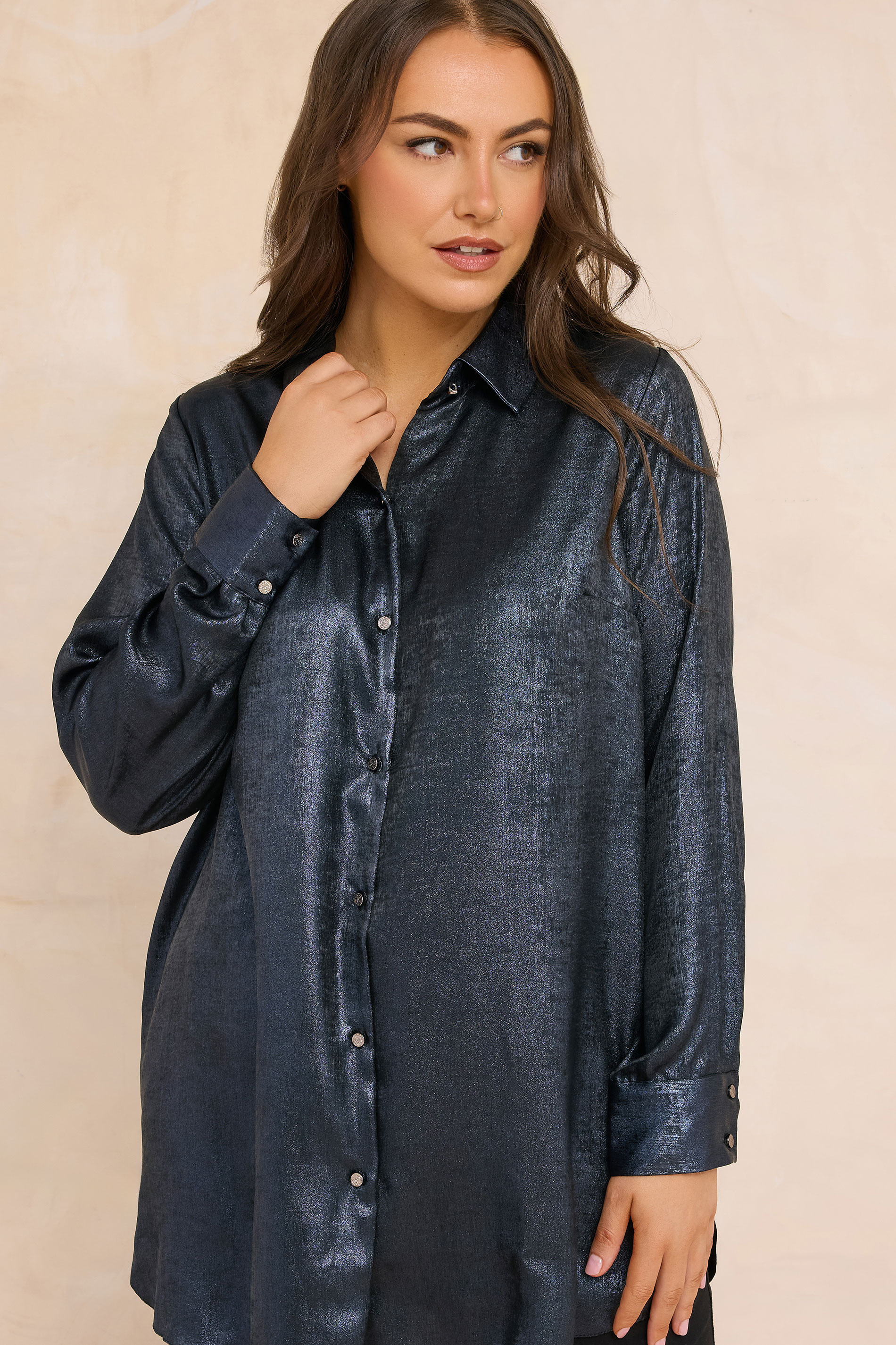 EVANS Plus Size Navy Blue Metallic Long Sleeve Shirt | Evans  3