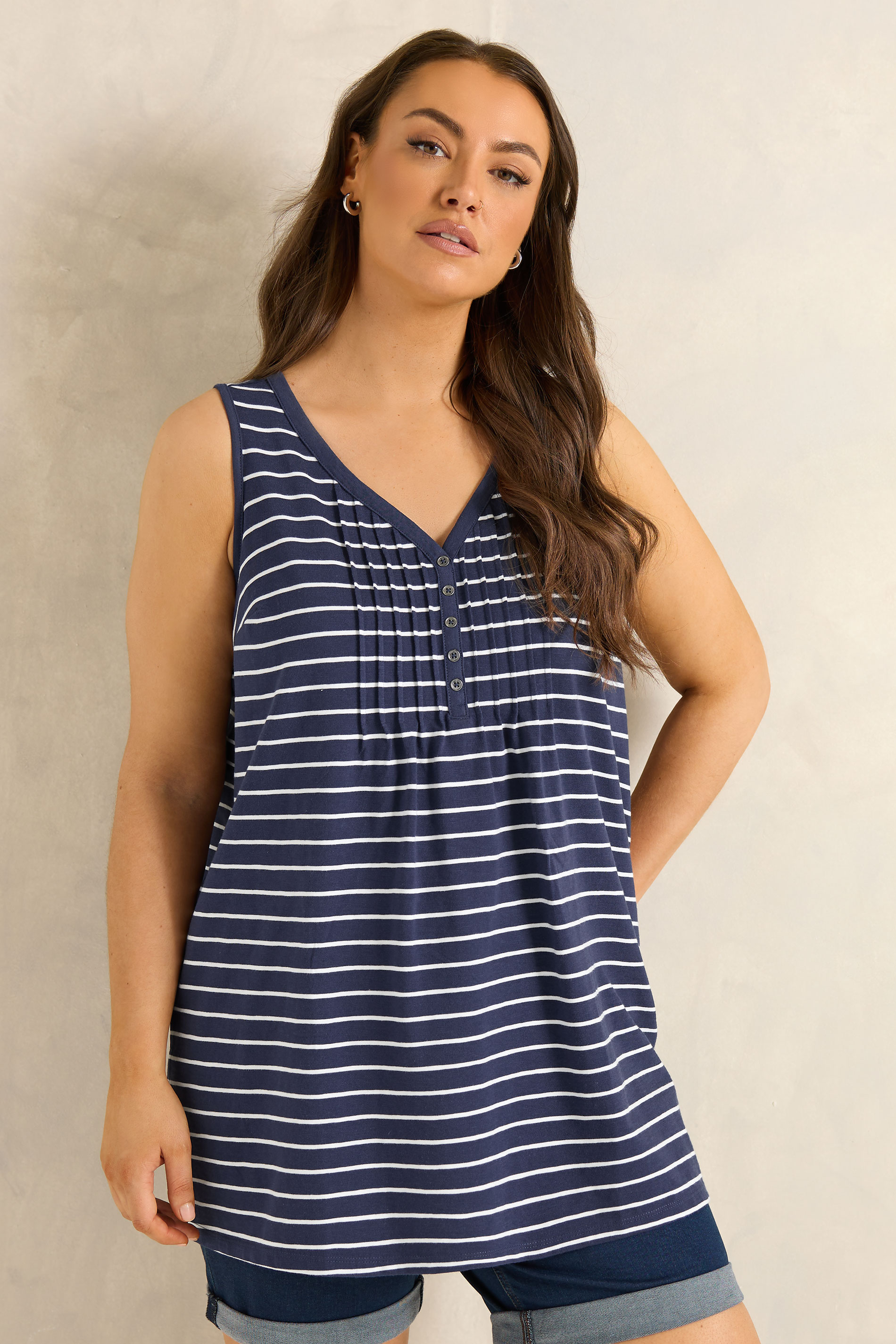 EVANS Plus Size Navy Blue Stripe Cotton Henley Vest Top | Evans 3