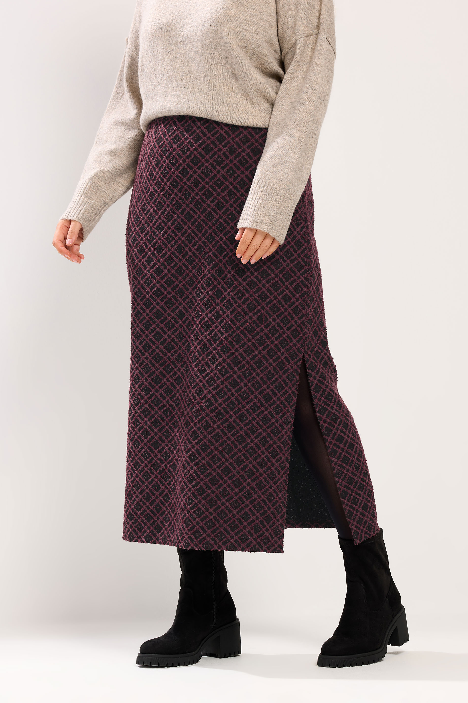 YOURS Plus Size Burgundy Red Check Print Textured Tube Skirt | Yours Clothing 3