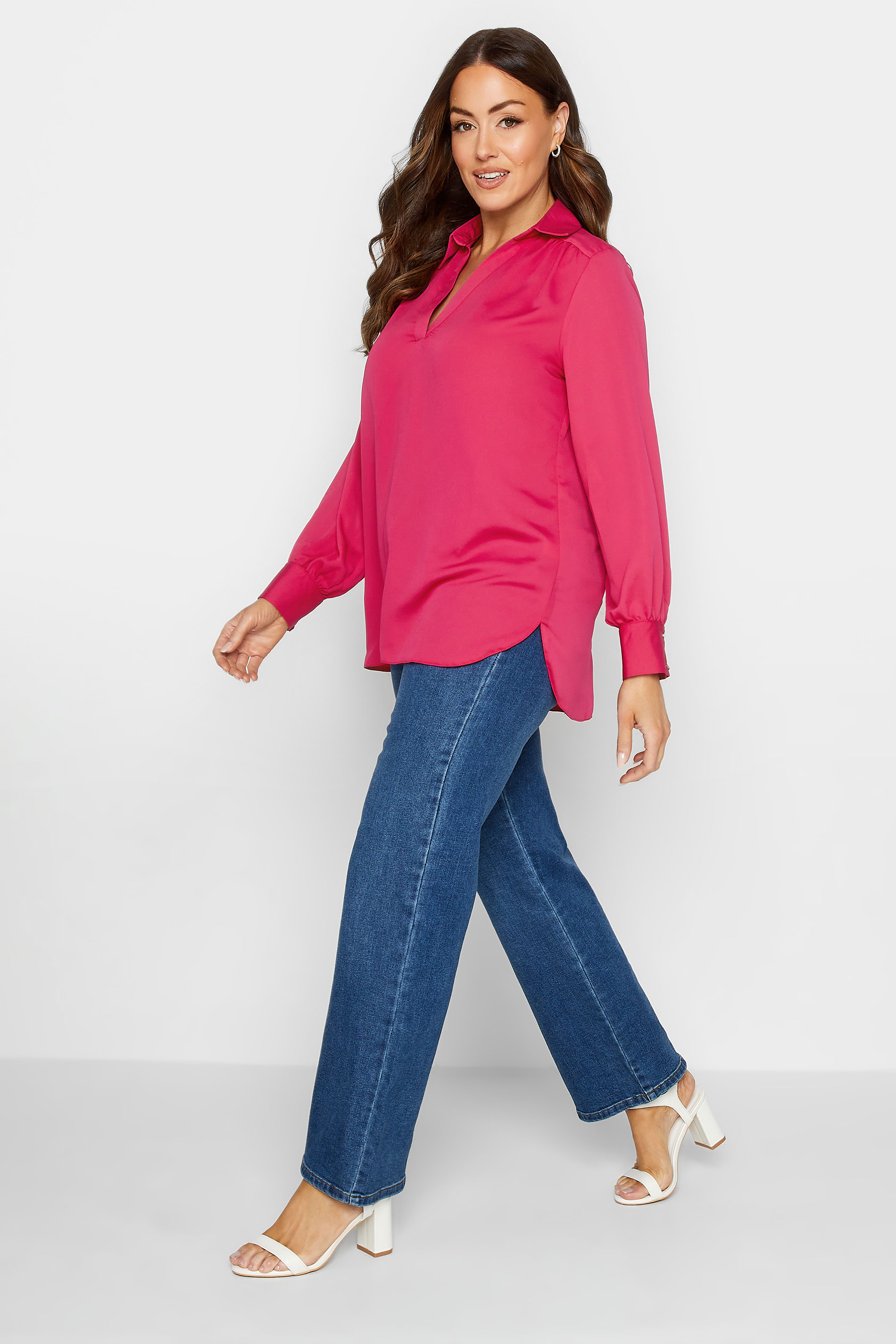 M&Co Hot Pink V-Neck Collared Blouse | M&Co 2