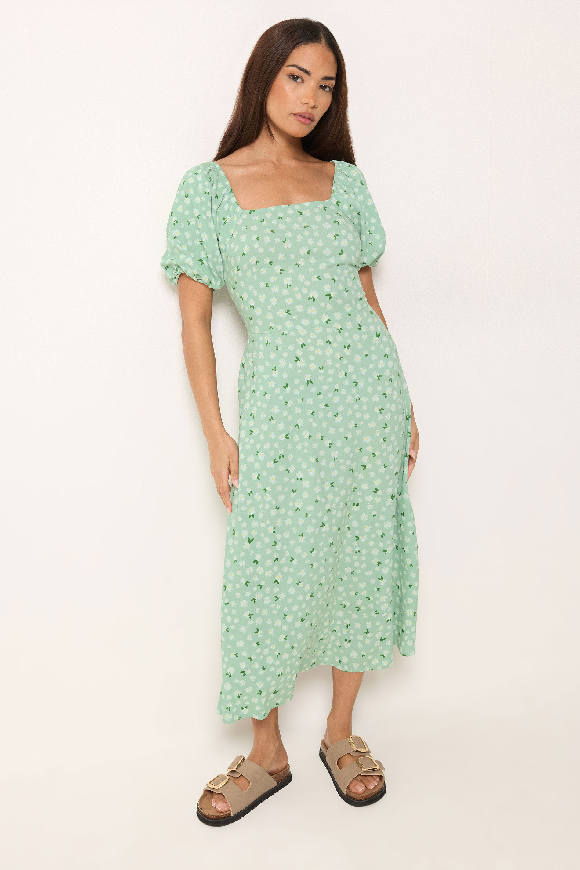 PixieGirl Petite Women's Light Green Daisy Puff Sleeve Midi Dress | PixieGirl 3