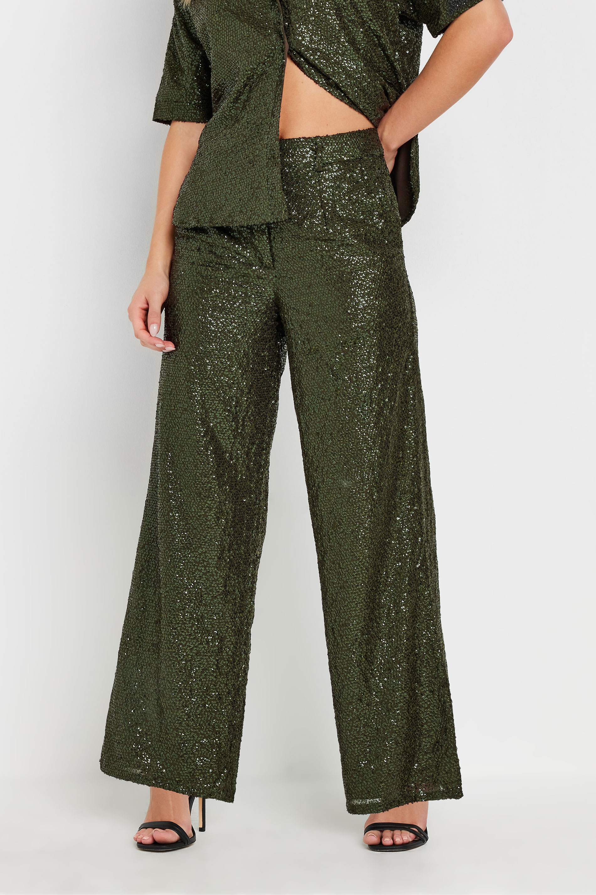 PixieGirl Petite Women's Khaki Green Sequin Embellished Wide Leg Trousers | PixieGirl 2
