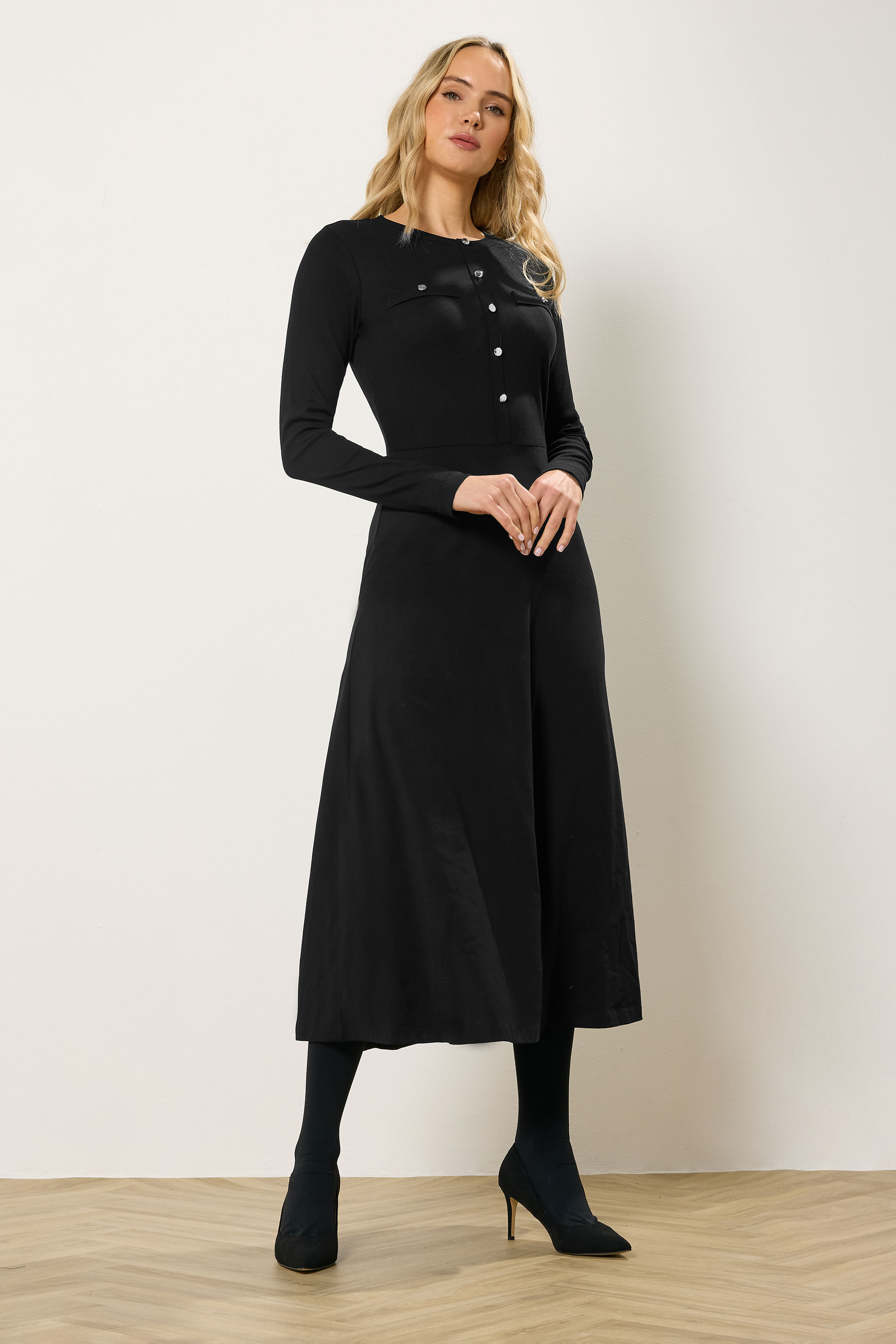 LTS Tall Black Button Detail A-Line Midaxi Dress | Long Tall Sally  1