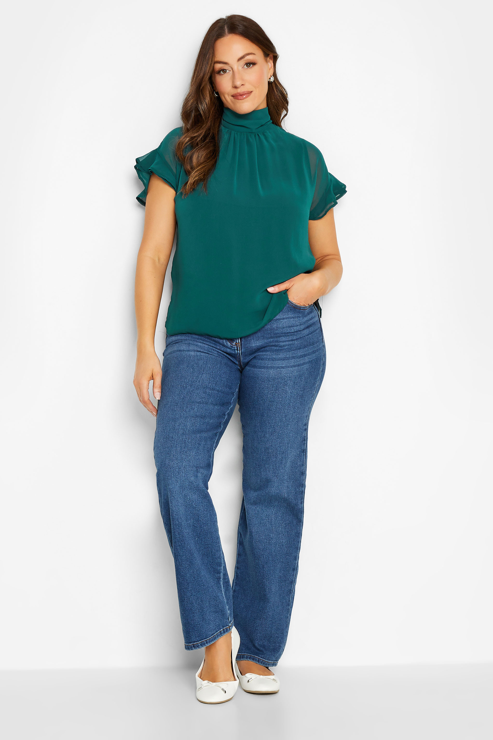 M&Co Green High Neck Frill Sleeve Blouse