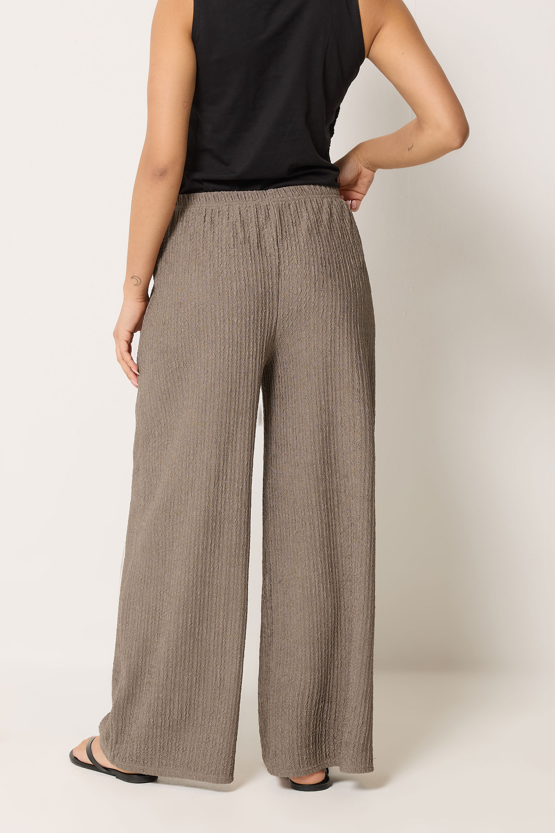 M&Co Petite Mocha Brown Crinkle Wide Leg Trousers | M&Co 4